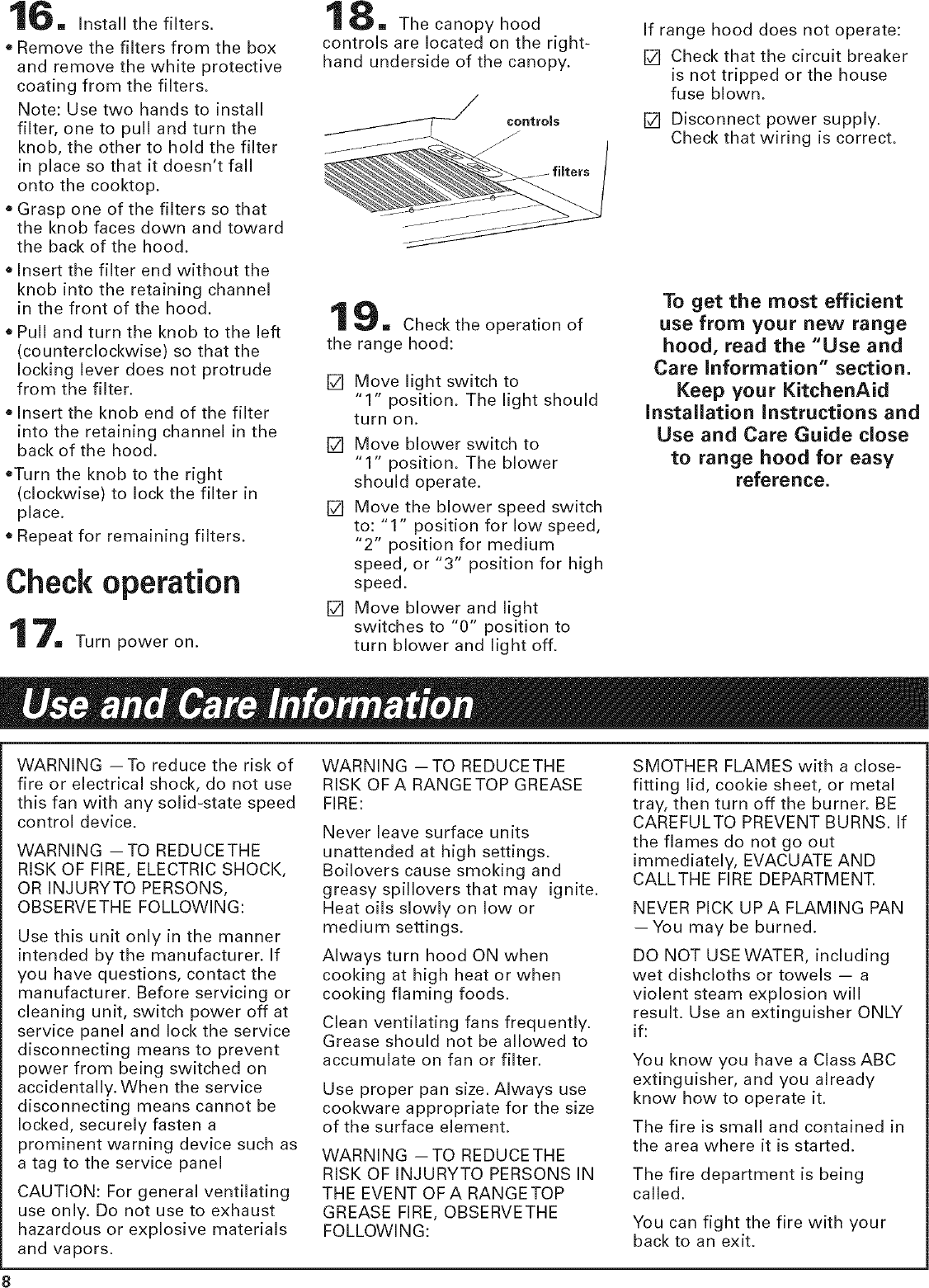 Page 8 of 12 - Kitchenaid KWCU300LSS1 User Manual  RANGE HOOD - Manuals And Guides L0605387