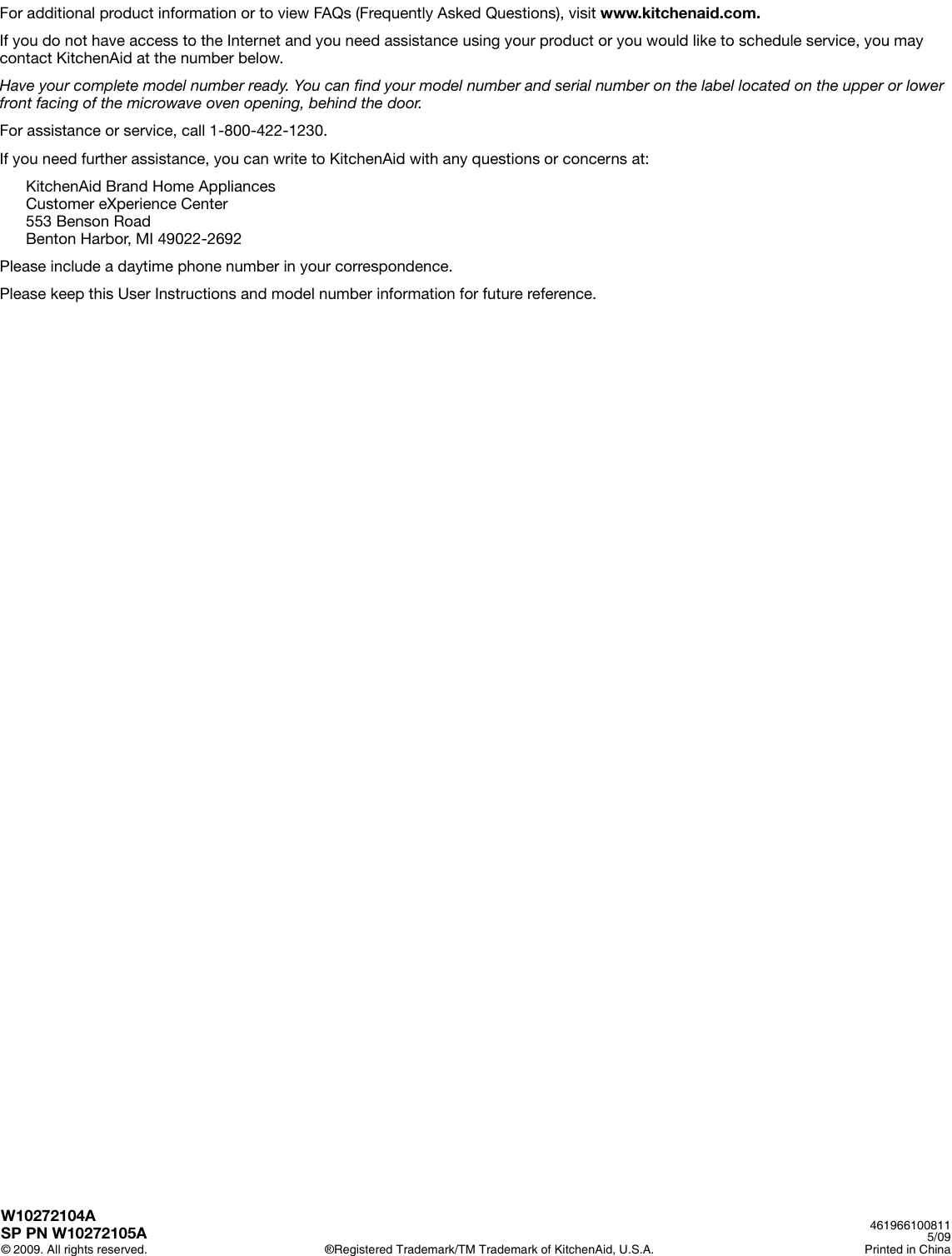 Page 8 of 8 - Kitchenaid Khms2040Bss-Use-And-Care W10272104A