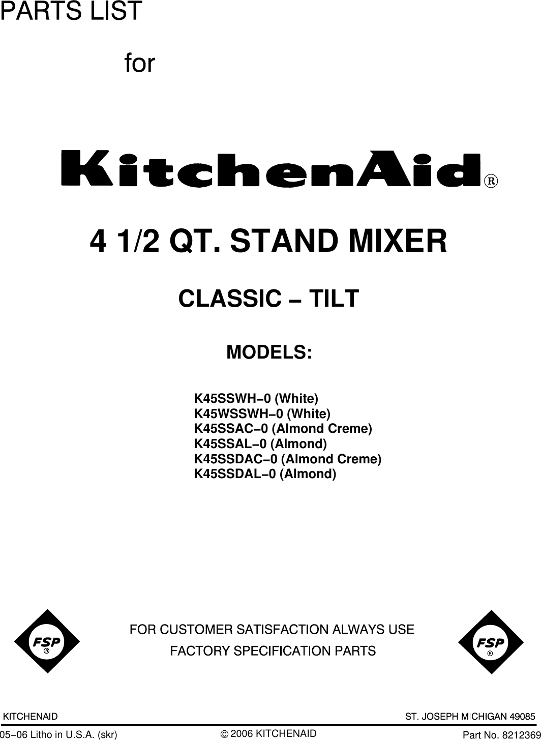 Kitchenaid K45Ssac 0 Users Manual