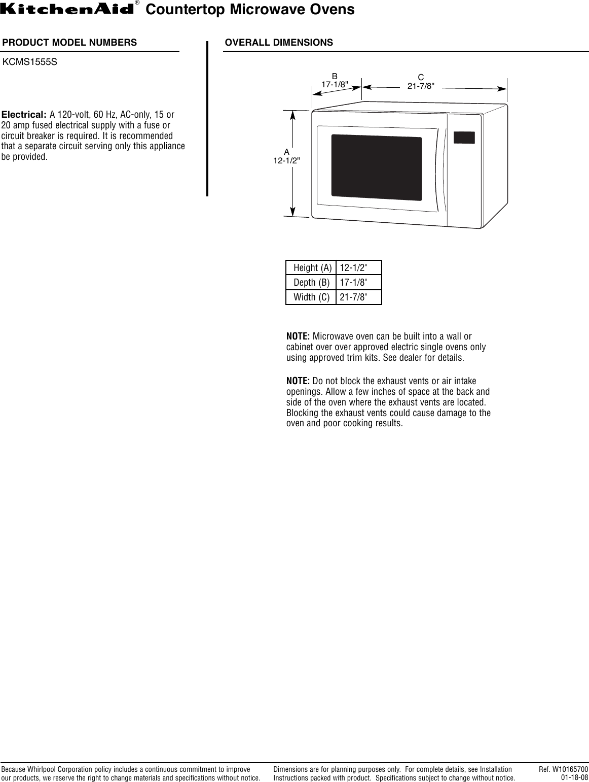 Page 1 of 1 - Kitchenaid Kitchenaid-Kcms1555S-Users-Manual- W10165700  Kitchenaid-kcms1555s-users-manual