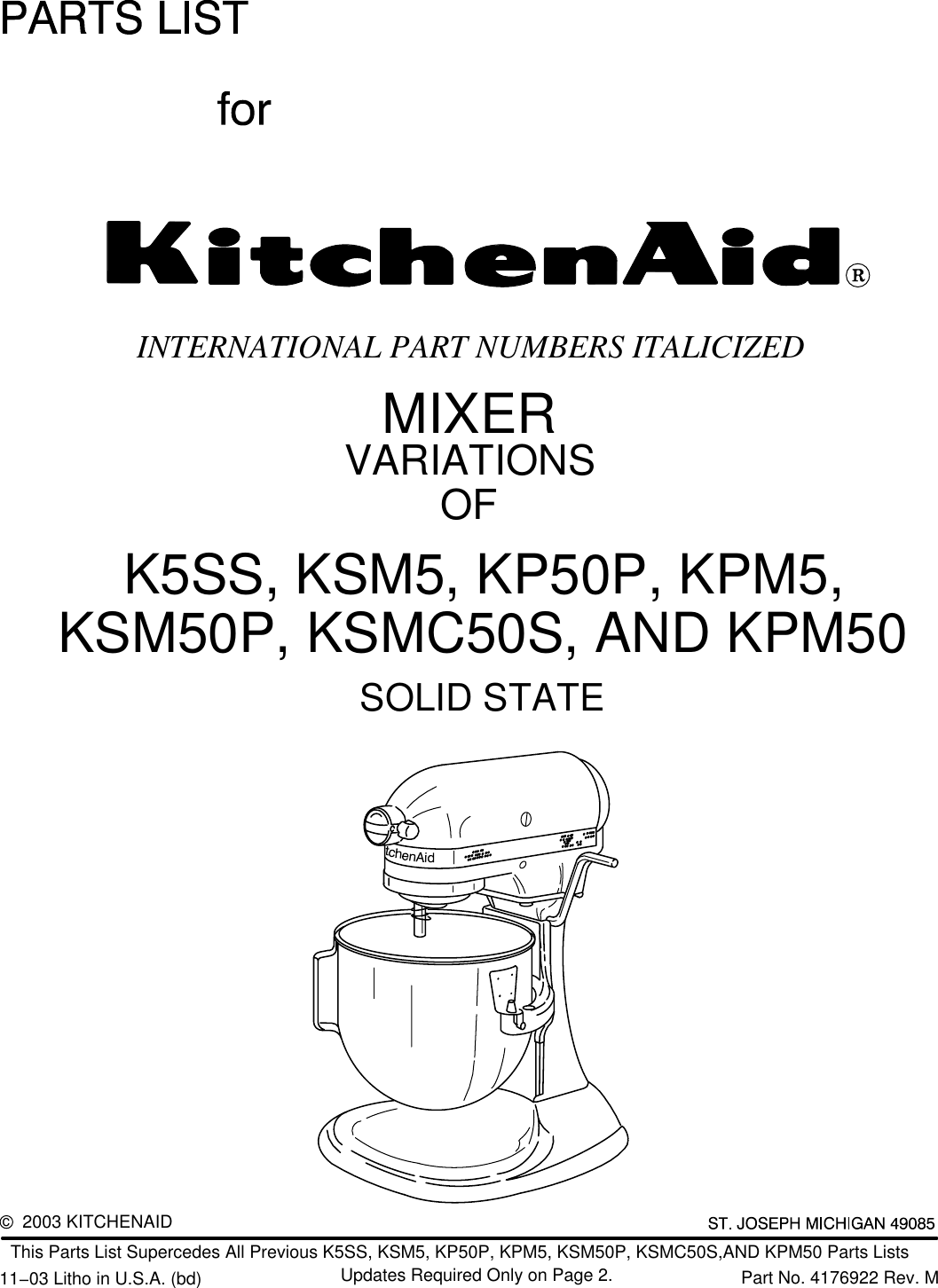 Kitchenaid Kitchen Aid Mixer Kp50P Users Manual