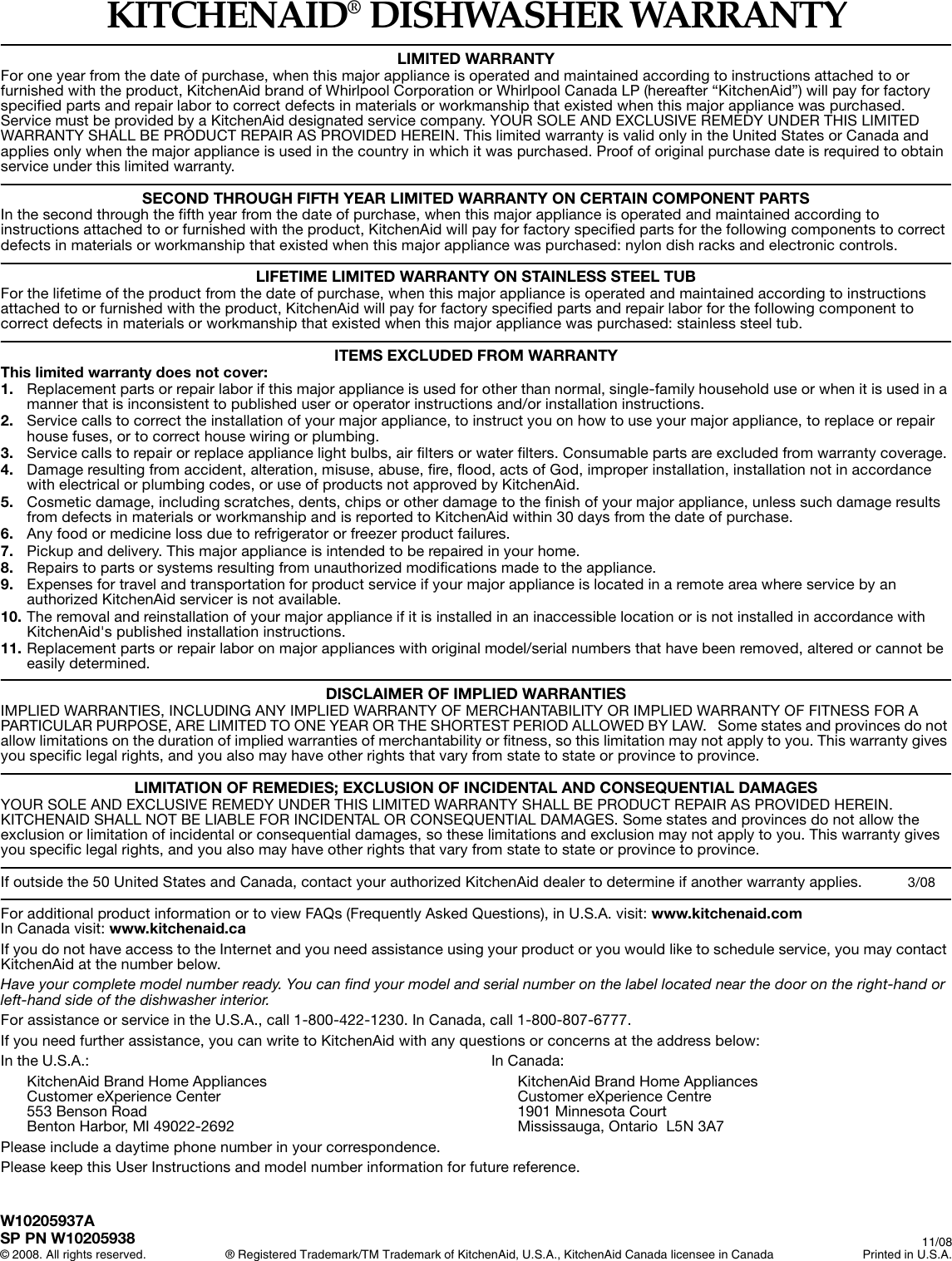 Page 10 of 10 - Kitchenaid Kitchenaid-Kitchenaid-Dishwasher-W10205937A-Users-Manual- KUDS40FV Care, Use & Warranty  Kitchenaid-kitchenaid-dishwasher-w10205937a-users-manual