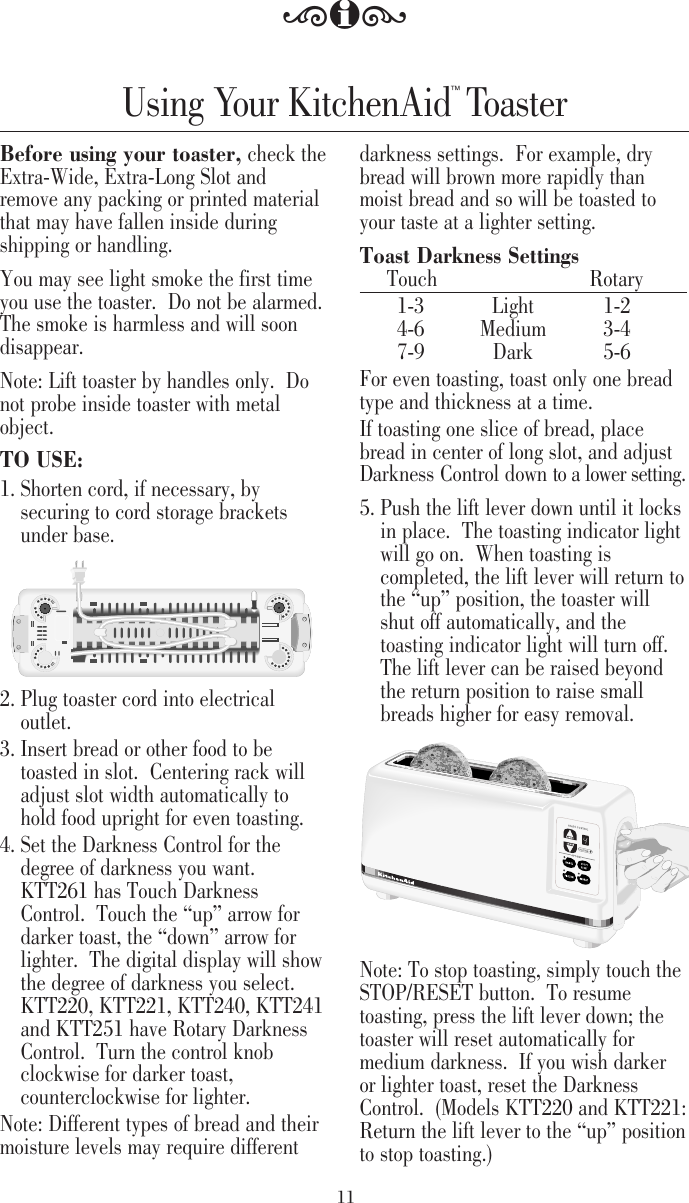 Page 11 of 12 - Kitchenaid Kitchenaid-Kitchenaid-Toaster-Ktt220-Users-Manual- 1305 ALLCombToast Eng U&C  Kitchenaid-kitchenaid-toaster-ktt220-users-manual