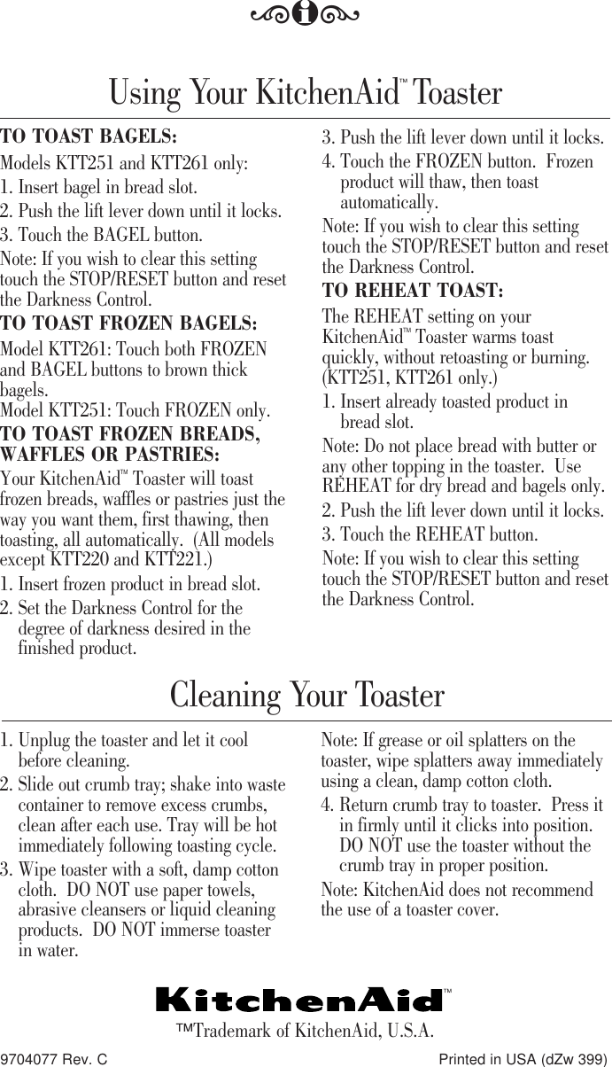 Page 12 of 12 - Kitchenaid Kitchenaid-Kitchenaid-Toaster-Ktt220-Users-Manual- 1305 ALLCombToast Eng U&C  Kitchenaid-kitchenaid-toaster-ktt220-users-manual