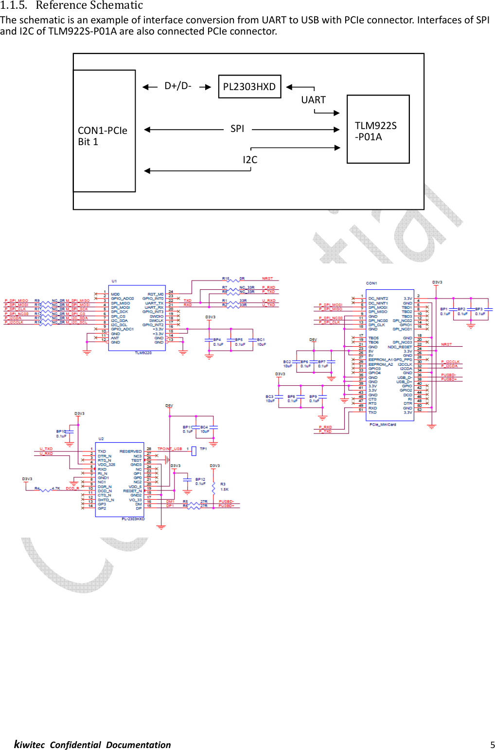  kiwitec  Confidential  Documentation                                                                5  1.1.5. Reference Schematic The schematic is an example of interface conversion from UART to USB with PCIe connector. Interfaces of SPI and I2C of TLM922S-P01A are also connected PCIe connector.         CON1-PCIeBit 1 PL2303HXD TLM922S-P01A UART SPI D+/D- I2C 