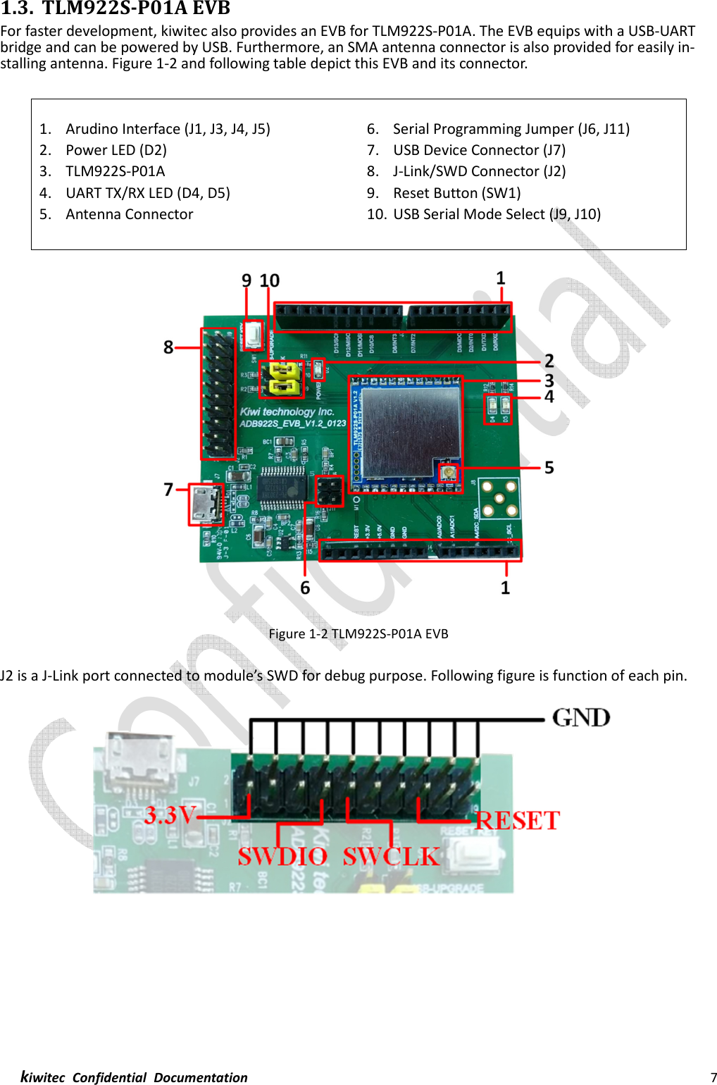  kiwitec  Confidential  Documentation                                                                7  1.3. TLM922S-P01A EVB For faster development, kiwitec also provides an EVB for TLM922S-P01A. The EVB equips with a USB-UART bridge and can be powered by USB. Furthermore, an SMA antenna connector is also provided for easily in-stalling antenna. Figure 1-2 and following table depict this EVB and its connector.   1. Arudino Interface (J1, J3, J4, J5) 2. Power LED (D2) 3. TLM922S-P01A 4. UART TX/RX LED (D4, D5) 5. Antenna Connector   6. Serial Programming Jumper (J6, J11) 7. USB Device Connector (J7) 8. J-Link/SWD Connector (J2) 9. Reset Button (SW1) 10. USB Serial Mode Select (J9, J10)  Figure 1-2 TLM922S-P01A EVB  J2 is a J-Link port connected to module’s SWD for debug purpose. Following figure is function of each pin.       