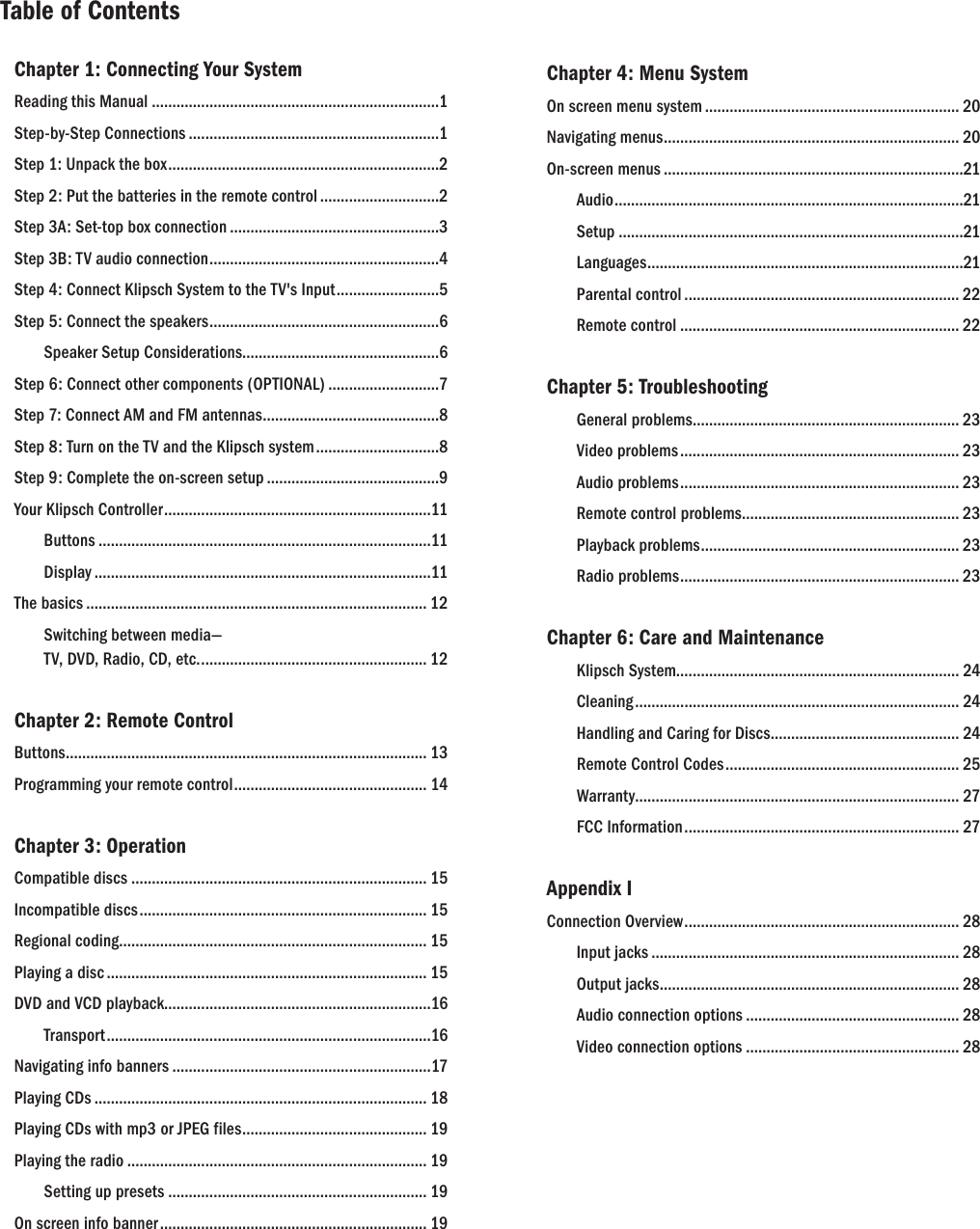 Chapter 1: Connecting Your SystemReading this Manual ......................................................................1Step-by-Step Connections .............................................................1Step 1: Unpack the box..................................................................2Step 2: Put the batteries in the remote control .............................2Step 3A: Set-top box connection ...................................................3Step 3B: TV audio connection........................................................4Step 4: Connect Klipsch System to the TV's Input.........................5Step 5: Connect the speakers........................................................6Speaker Setup Considerations................................................6Step 6: Connect other components (OPTIONAL) ...........................7Step 7: Connect AM and FM antennas...........................................8Step 8: Turn on the TV and the Klipsch system ..............................8Step 9: Complete the on-screen setup ..........................................9Your Klipsch Controller .................................................................11Buttons .................................................................................11Display ..................................................................................11The basics ................................................................................... 12Switching between media&mdash; TV, DVD, Radio, CD, etc........................................................ 12Chapter 2: Remote ControlButtons........................................................................................ 13Programming your remote control............................................... 14Chapter 3: OperationCompatible discs ........................................................................ 15Incompatible discs...................................................................... 15Regional coding........................................................................... 15Playing a disc .............................................................................. 15DVD and VCD playback.................................................................16Transport...............................................................................16Navigating info banners ...............................................................17Playing CDs ................................................................................. 18Playing CDs with mp3 or JPEG files............................................. 19Playing the radio ......................................................................... 19Setting up presets ............................................................... 19On screen info banner ................................................................. 19Chapter 4: Menu SystemOn screen menu system .............................................................. 20Navigating menus........................................................................ 20On-screen menus .........................................................................21Audio.....................................................................................21Setup ....................................................................................21Languages.............................................................................21Parental control ................................................................... 22Remote control .................................................................... 22Chapter 5: TroubleshootingGeneral problems................................................................. 23Video problems .................................................................... 23Audio problems.................................................................... 23Remote control problems..................................................... 23Playback problems............................................................... 23Radio problems.................................................................... 23Chapter 6: Care and MaintenanceKlipsch System..................................................................... 24Cleaning ............................................................................... 24Handling and Caring for Discs.............................................. 24       Remote Control Codes ......................................................... 25       Warranty............................................................................... 27       FCC Information................................................................... 27Appendix IConnection Overview................................................................... 28Input jacks ........................................................................... 28Output jacks......................................................................... 28Audio connection options .................................................... 28Video connection options .................................................... 28Table of Contents