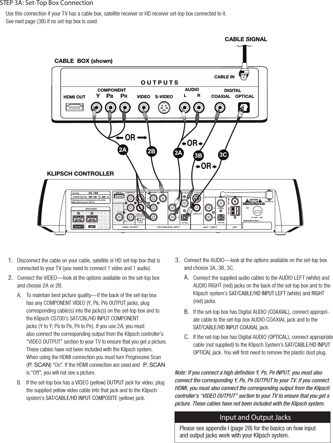 Disconnect the cable on your cable, satellite or HD set-top box that isconnected to your TV (you need to connect 1 video and 1 audio).Connect the VIDEO&mdash;look at the options available on the set-top boxand choose 2A or 2B.To maintain best picture quality&mdash;if the back of the set-top boxhas any COMPONENT VIDEO (Y, PB, PR) OUTPUT jacks, plug corresponding cable(s) into the jack(s) on the set-top box and tothe Klipsch CS700&rsquo;S SAT/CBL/HD INPUT COMPONENTjacks (Y to Y; PBto PB, PRto PR). If you use 2A, you mustalso connect the corresponding output from the Klipsch controller&rsquo;s&ldquo;VIDEO OUTPUT&rdquo; section to your TV to ensure that you get a picture.These cables have not been included with the Klipsch system.When using the HDMI connection you must turn Progressive Scan       (7:*(5) &ldquo;On&rdquo;. If the HDMI connection are used and 7:*(5is &ldquo;Off&rdquo;, you will not see a picture.If the set-top box has a VIDEO (yellow)OUTPUTjack for video, plugthe supplied yellow video cable into that jack and to the Klipschsystem&rsquo;sSAT/CABLE/HD INPUT COMPOSITE(yellow) jack.1.2.*()3,056<;7<;:=0+,6:=0+,6*64765,5;@ 7)79*()3,)6?ZOV^U+0.0;(3*6(?0(367;0*(3(<+063 9*()3,:0.5(36969692A 2B 3C3B3A/+406<;2307:*/*65;9633,9STEP 3A: Set-Top Box ConnectionConnect the AUDIO&mdash;look at the options available on the set-top boxand choose 3A, 3B, 3C.Connect the supplied audio cables to the AUDIO LEFT (white) andAUDIO RIGHT(red) jacks on the back of the set-top box and to theKlipsch system&rsquo;sSAT/CABLE/HD INPUT LEFT(white) andRIGHT(red) jacks.If the set-top box has Digital AUDIO (COAXIAL), connect appropri-ate cable to the set-top box AUDIO COAXIAL jack and to theSAT/CABLE/HD INPUT COAXIALjack.If the set-top box has Digital AUDIO (OPTICAL), connect appropriatecable (not supplied) to the Klipsch System&rsquo;sSAT/CABLE/HD INPUTOPTICALjack. You will ﬁrst need to remove the plastic dust plug.Note: If you connect a high definition Y, PB, PRINPUT, you must alsoconnect the corresponding Y, PB, PROUTPUT to your TV. If you connectHDMI, you must also connect the corresponding output from the Klipschcontroller&rsquo;s &ldquo;VIDEO OUTPUT&rdquo; section to your TV to ensure that you get apicture. These cables have not been included with the Klipsch system.3.A.B.C.Use this connection if your TV has a cable box, satellite receiver or HD receiver set-top box connected to it.See next page (3B) if no set-top box is used.    A.B.Please see appendix I (page 28) for the basics on how input and output jacks work with your Klipsch system.Input and Output Jacks