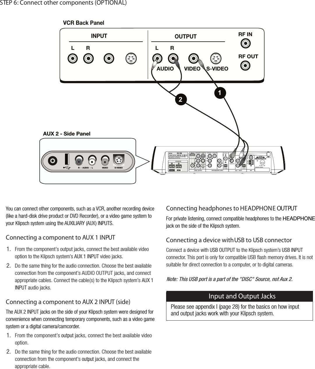 (<?:PKL7HULS9(<+06 3 =0+,6 :=0+,6057<; 6<;7<;9-053 99-6<;=*9)HJR7HULS(<+06=0+,6:=0+,63 912You can connect other components, such as a VCR, another recording device (like a hard-disk drive product or DVD Recorder), or a video game system to your Klipsch system using the AUXILIARY (AUX) INPUTS.Connecting a component to AUX 1 INPUTFrom the component&rsquo;s output jacks, connect the best available videooption to the Klipsch system&rsquo;sAUX 1 INPUTvideo jacks.Do the same thing for the audio connection. Choose the best availableconnection from the component&rsquo;s AUDIO OUTPUT jacks, and connectappropriate cables. Connect the cable(s) to the Klipsch system&rsquo;sAUX 1 INPUTaudio jacks.Connecting a component to AUX 2 INPUT (side)TheAUX 2 INPUT jacks on the side of your Klipsch system were designed forconvenience when connecting temporary components, such as a video game system or a digital camera/camcorder.From the component&rsquo;soutputjacks, connect the best available videooption.Do the same thing for the audio connection. Choose the best availableconnection from the component&rsquo;soutputjacks, and connect theappropriate cable.1.2.1.2.STEP 6: Connect other components (OPTIONAL)Connecting headphones to HEADPHONE OUTPUTFor private listening, connect compatible headphones to the /,(+7/65,jack on the side of the Klipsch system.Connecting a device withUSB to USB connectorConnect a device with USB OUTPUT to the Klipsch system&rsquo;sUSB INPUTconnector. This port is only for compatible USB ﬂash memory drives. It is not suitable for direct connection to a computer, or to digital cameras.Please see appendix I (page 28) for the basics on how input and output jacks work with your Klipsch system.Input and Output JacksNote: This USB port is a part of the "DISC" Source, not Aux 2.