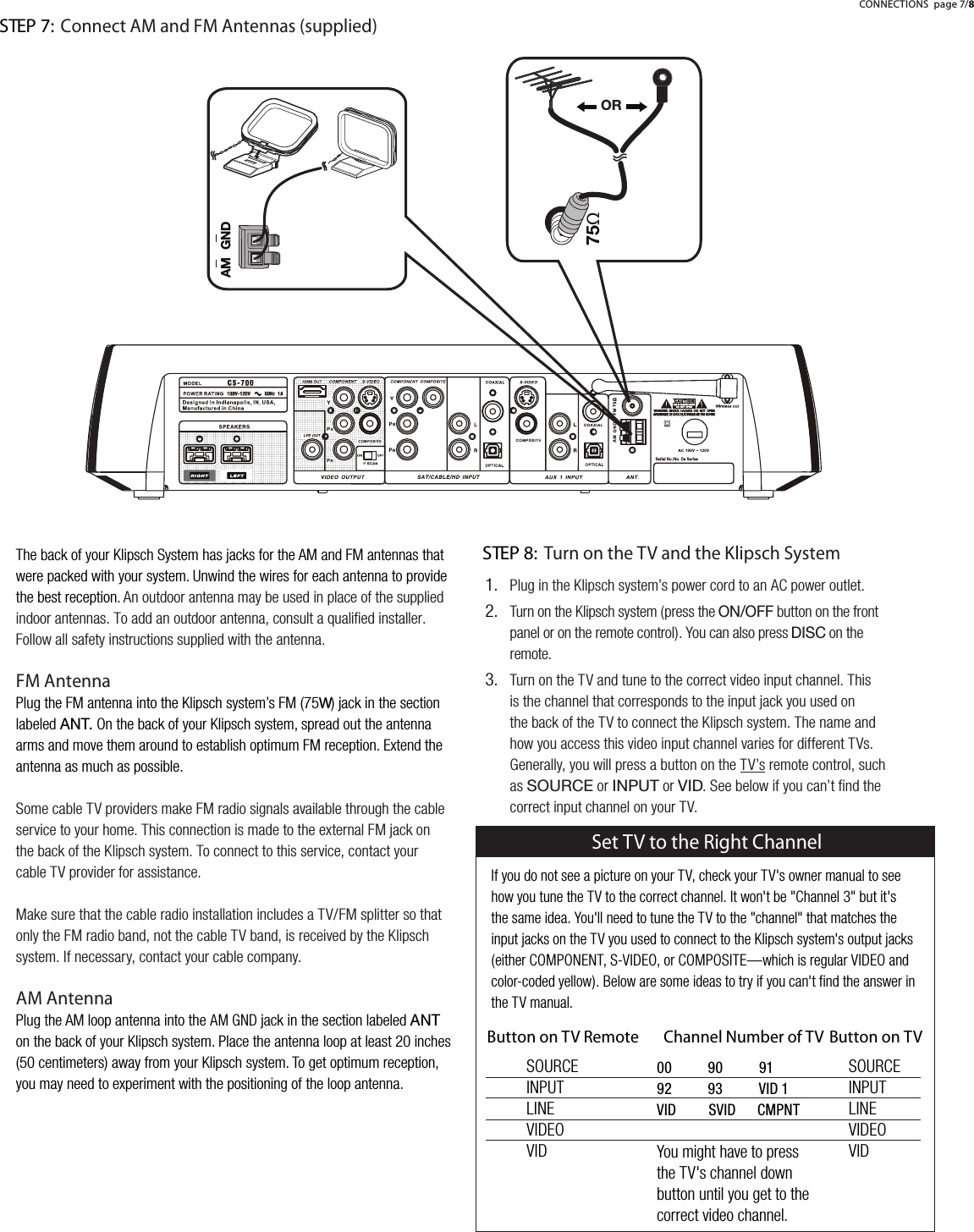 STEP 7: Connect AM and FM Antennas (supplied)The back of your Klipsch System has jacks for the AM and FM antennas thatwere packed with your system. Unwind the wires for each antenna to provide the best reception. An outdoor antenna may be used in place of the supplied indoor antennas. To add an outdoor antenna, consult a qualified installer. Follow all safety instructions supplied with the antenna.FM AntennaPlug the FM antenna into the Klipsch system&rsquo;s FM (75W) jack in the section labeled(5; On the back of your Klipsch system, spread out the antenna arms and move them around to establish optimum FM reception. Extend the antenna as much as possible.Some cable TV providers make FM radio signals available through the cableservice to your home. This connection is made to the external FM jack onthe back of the Klipsch system. To connect to this service, contact yourcable TV provider for assistance.Make sure that the cable radio installation includes a TV/FM splitter so thatonly the FM radio band, not the cable TV band, is received by the Klipschsystem. If necessary, contact your cable company.AM AntennaPlug the AM loop antenna into the AM GND jack in the section labeled(5;on the back of your Klipsch system. Place the antenna loop at least 20 inches (50 centimeters) away from your Klipsch system. To get optimum reception,you may need to experiment with the positioning of the loop antenna.(4.5+69ΩPlug in the Klipsch system&rsquo;s power cord to an AC power outlet.Turn on the Klipsch system (press the656--button on the frontpanel or on the remote control). You can also press+0:*on theremote.Turn on the TV and tune to the correct video input channel. Thisis the channel that corresponds to the input jack you used onthe back of the TV to connect the Klipsch system. The name andhow you access this video input channel varies for different TVs.Generally, you will press a button on the TV&rsquo;s remote control, suchas :6<9*, or 057<; or =0+. See below if you can&rsquo;t ﬁnd thecorrect input channel on your TV.1.2.3.STEP 8: Turn on the TV and the Klipsch SystemCONNECTIONS page 7/8If you do not see a picture on your TV, check your TV's owner manual to seehow you tune the TV to the correct channel. It won't be "Channel 3" but it'sthe same idea. You'll need to tune the TV to the "channel" that matches theinput jacks on the TV you used to connect to the Klipsch system's output jacks(either COMPONENT, S-VIDEO, or COMPOSITE&mdash;which is regular VIDEO andcolor-coded yellow). Below are some ideas to try if you can't find the answer inthe TV manual.Set TV to the Right ChannelSOURCEINPUTLINEVIDEOVIDSOURCEINPUTLINEVIDEOVIDButton on TV Remote Channel Number of TV Button on TV00 90 9192 93 VID 1VID SVID CMPNTYou might have to pressthe TV's channel downbutton until you get to thecorrect video channel.