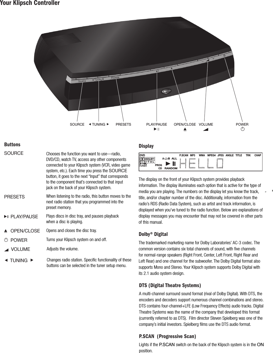 Your Klipsch ControllerDVDP.SCAN   MP3      WMA    MPEG4   JPEG   ANGLE   TITLE      TRK      CHAP            AB  ALLPROG     CDRANDOMDOLBYD I G I T A LThe display on the front of your Klipsch system provides playback information. The display illuminates each option that is active for the type of media you are playing. The numbers on the display let you know the track, title, and/or chapter number of the disc. Additionally, information from the radio&rsquo;s RDS (Radio Data System), such as artist and track information, is displayed when you&rsquo;ve tuned to the radio function. Below are explanations of display messages you may encounter that may not be covered in other parts of this manual.Dolby&reg; DigitalThe trademarked marketing name for Dolby Laboratories&rsquo; AC-3 codec. The common version contains six total channels of sound, with ﬁve channels for normal-range speakers (Right Front, Center, Left Front, Right Rear and Left Rear) and one channel for the subwoofer. The Dolby Digital format also supports Mono and Stereo. Your Klipsch system supports Dolby Digital with its 2.1 audio system design.DTS (Digital Theatre Systems)A multi-channel surround sound format (rival of Dolby Digital). With DTS, the encoders and decoders support numerous channel combinations and stereo. DTS contains four-channel+LFE (Low Frequency Effects) audio tracks. Digital Theatre Systems was the name of the company that developed this format (currently referred to as DTS).  Film director Steven Spielberg was one of the company&rsquo;s initial investors. Spielberg ﬁlms use the DTS audio format.P.SCAN  (Progressive Scan)Lights if the P.SCAN switch on the back of the Klipsch system is in the ONposition. SOURCEPRESETS     PLAY/PAUSE     OPEN/CLOSE     POWER     VOLUME &Aring; TUNING &Ccedil;Chooses the function you want to use&mdash;radio,DVD/CD, watch TV, access any other componentsconnected to your Klipsch system (VCR, video gamesystem, etc.). Each time you press the SOURCEbutton, it goes to the next &ldquo;Input&rdquo; that corresponds to the component that&rsquo;s connected to thatinputjack on the back of your Klipsch system.When listening to the radio, this button moves to thenext radio station that you programmed into the preset memory.Plays discs in disc tray, and pauses playbackwhen a disc is playing.Opens and closes the disc tray.Turns your Klipsch system on and off.Adjusts the volume.Changes radio station. Speciﬁc functionality of thesebuttons can be selected in the tuner setup menu.&Ccedil;&Ccedil;DisplaySOURCE TUNING PRESETS VOLUME&Ccedil;&Ccedil;PLAY/PAUSE OPEN/CLOSEButtonsPOWER&Ccedil;&Ccedil;&Ccedil;&Ccedil;