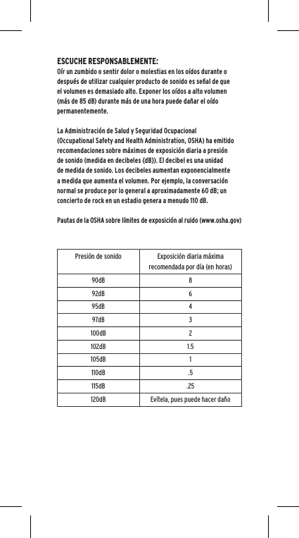 Presi&oacute;n de sonido Exposici&oacute;n diaria m&aacute;xima recomendada por d&iacute;a (en horas)90dB 892dB 695dB 497dB 3100dB 2102dB 1.5105dB 1110dB .5115dB .25120dB Ev&iacute;tela, pues puede hacer da&ntilde;oESCUCHE RESPONSABLEMENTE:O&iacute;r un zumbido o sentir dolor o molestias en los o&iacute;dos durante o despu&eacute;s de utilizar cualquier producto de sonido es se&ntilde;al de que el volumen es demasiado alto. Exponer los o&iacute;dos a alto volumen (m&aacute;s de 85 dB) durante m&aacute;s de una hora puede da&ntilde;ar el o&iacute;do permanentemente.La Administraci&oacute;n de Salud y Seguridad Ocupacional (Occupational Safety and Health Administration, OSHA) ha emitido recomendaciones sobre m&aacute;ximos de exposici&oacute;n diaria a presi&oacute;n de sonido (medida en decibeles {dB}). El decibel es una unidad de medida de sonido. Los decibeles aumentan exponencialmente a medida que aumenta el volumen. Por ejemplo, la conversaci&oacute;n normal se produce por lo general a aproximadamente 60 dB; un concierto de rock en un estadio genera a menudo 110 dB.Pautas de la OSHA sobre l&iacute;mites de exposici&oacute;n al ruido (www.osha.gov)