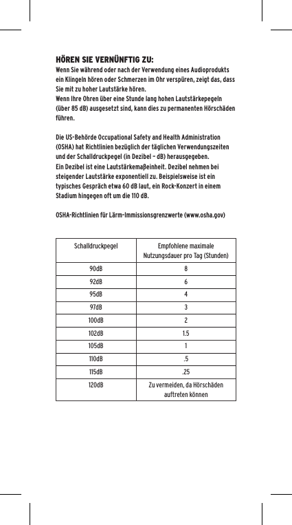 H&Ouml;REN SIE VERN&Uuml;NFTIG ZU:Wenn Sie w&auml;hrend oder nach der Verwendung eines Audioprodukts ein Klingeln h&ouml;ren oder Schmerzen im Ohr versp&uuml;ren, zeigt das, dass Sie mit zu hoher Lautst&auml;rke h&ouml;ren.Wenn Ihre Ohren &uuml;ber eine Stunde lang hohen Lautst&auml;rkepegeln (&uuml;ber 85 dB) ausgesetzt sind, kann dies zu permanenten H&ouml;rsch&auml;den f&uuml;hren.Die US-Beh&ouml;rde Occupational Safety and Health Administration (OSHA) hat Richtlinien bez&uuml;glich der t&auml;glichen Verwendungszeiten und der Schalldruckpegel (in Dezibel &ndash; dB) herausgegeben. Ein Dezibel ist eine Lautst&auml;rkema&szlig;einheit. Dezibel nehmen bei steigender Lautst&auml;rke exponentiell zu. Beispielsweise ist ein typisches Gespr&auml;ch etwa 60 dB laut, ein Rock-Konzert in einem Stadium hingegen oft um die 110 dB.OSHA-Richtlinien f&uuml;r L&auml;rm-Immissionsgrenzwerte (www.osha.gov)Schalldruckpegel Empfohlene maximale Nutzungsdauer pro Tag (Stunden)90dB 892dB 695dB 497dB 3100dB 2102dB 1.5105dB 1110dB .5115dB .25120dB Zu vermeiden, da H&ouml;rsch&auml;den auftreten k&ouml;nnen