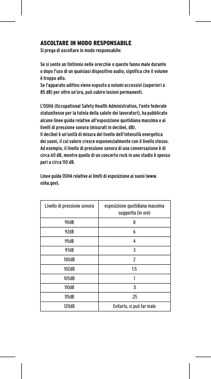 ASCOLTARE IN MODO RESPONSABILESi prega di ascoltare in modo responsabile:Se si sente un tintinnio nelle orecchie o queste fanno male durante o dopo l&rsquo;uso di un qualsiasi dispositivo audio, significa che il volume &egrave; troppo alto. Se l&rsquo;apparato uditivo viene esposto a volumi eccessivi (superiori a 85 dB) per oltre un&rsquo;ora, pu&ograve; subire lesioni permanenti.L&rsquo;OSHA (Occupational Safety Health Administration, l&rsquo;ente federale statunitense per la tutela della salute dei lavoratori), ha pubblicato alcune linee guida relative all&rsquo;esposizione quotidiana massima e ai livelli di pressione sonora (misurati in decibel, dB).  Il decibel &egrave; un&rsquo;unit&agrave; di misura del livello dell&rsquo;intensit&agrave; energetica dei suoni, il cui valore cresce esponenzialmente con il livello stesso.  Ad esempio, il livello di pressione sonora di una conversazione &egrave; di circa 60 dB, mentre quello di un concerto rock in uno stadio &egrave; spesso pari a circa 110 dB.Linee guida OSHA relative ai limiti di esposizione ai suoni (www.osha.gov).Livello di pressione sonora esposizione quotidiana massima suggerita (in ore)90dB 892dB 695dB 497dB 3100dB 2102dB 1.5105dB 1110dB .5115dB .25120dB Evitarlo, si pu&ograve; far male