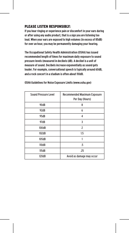 PLEASE LISTEN RESPONSIBLY:If you hear ringing or experience pain or discomfort in your ears during or after using any audio product, that is a sign you are listening too loud. When your ears are exposed to high volumes (in excess of 85dB) for over an hour, you may be permanently damaging your hearing.The Occupational Safety Health Administration (OSHA) has issued recommended length of times for maximum daily exposure to sound pressure levels (measured in decibels (dB). A decibel is a unit of measure of sound. Decibels increase exponentially as sound gets louder. For example, conversational speech is typically around 60dB, and a rock concert in a stadium is often about 110dB.OSHA Guidelines for Noise Exposure Limits (www.osha.gov)Sound Pressure Level Recommended Maximum Exposure Per Day (Hours)90dB 892dB 695dB 497dB 3100dB 2102dB 1.5105dB 1110dB .5115dB .25120dB Avoid as damage may occur