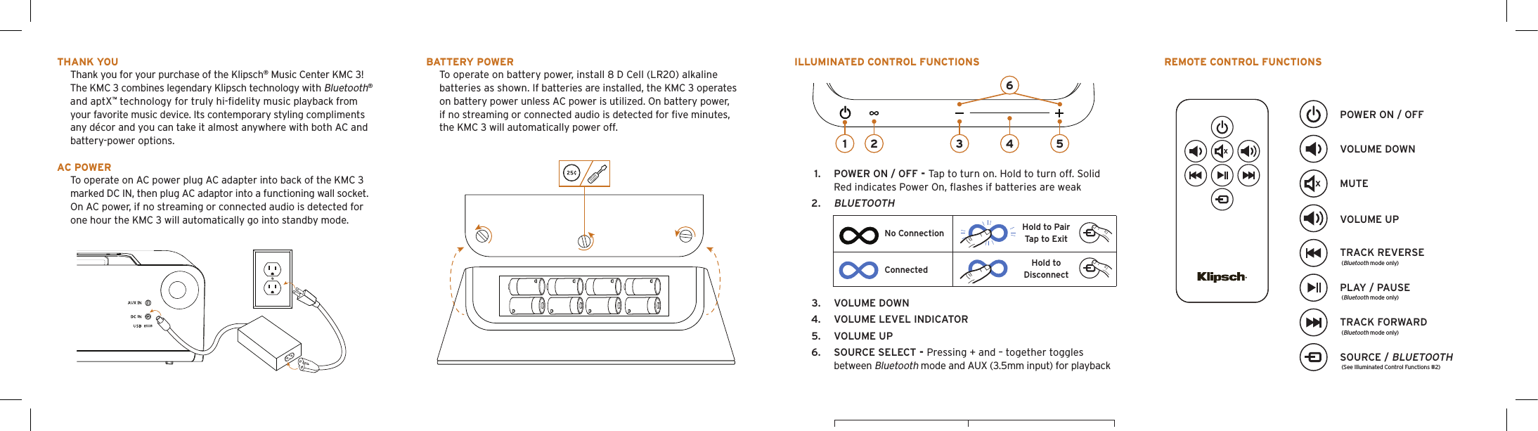 1.  POWER ON / OFF - Tap to turn on. Hold to turn off. Solid Red indicates Power On, ﬂashes if batteries are weak2. BLUETOOTH Thank YouThank you for your purchase of the Klipsch&reg; Music Center KMC 3! The KMC 3 combines legendary Klipsch technology with Bluetooth&reg; and aptX&trade; technology for truly hi-ﬁdelity music playback from your favorite music device. Its contemporary styling compliments any d&eacute;cor and you can take it almost anywhere with both AC and battery-power options.aC PowerTo operate on AC power plug AC adapter into back of the KMC 3 marked DC IN, then plug AC adaptor into a functioning wall socket. On AC power, if no streaming or connected audio is detected for one hour the KMC 3 will automatically go into standby mode. BaTTerY PowerTo operate on battery power, install 8 D Cell (LR20) alkalinebatteries as shown. If batteries are installed, the KMC 3 operates on battery power unless AC power is utilized. On battery power, if no streaming or connected audio is detected for ﬁve minutes, the KMC 3 will automatically power off. 1 2 3 546POWER ON / OFFVOLUME DOWNMUTEVOLUME UPTRACK REVERSEPLAY / PAUSETRACK FORWARDSOURCE / BLUETOOTHreMoTe ConTrol FunCTions(Bluetooth mode only)(Bluetooth mode only)(Bluetooth mode only)(See Illuminated Control Functions #2)illuMinaTed ConTrol FunCTionsConnectedConnectedNo ConnectionNo ConnectionHold to DisconnectHold to PairTap to Exit3.  VOLUME DOWN4.  VOLUME LEVEL INDICATOR5.  VOLUME UP6.  SOURCE SELECT - Pressing + and &ndash; together toggles        between Bluetooth mode and AUX (3.5mm input) for playback