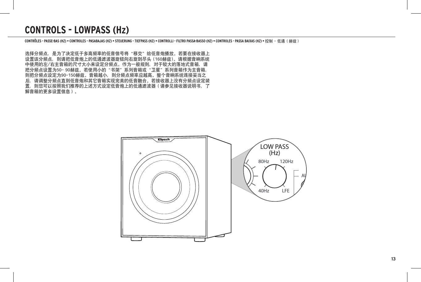 13CONTROLS - LOWPASS (Hz)CONTR&Ocirc;LES - PASSE-BAS (HZ) &bull; CONTROLES - PASABAJAS (HZ) &bull; STEUERUNG - TIEFPASS (HZ) &bull; CONTROLLI - FILTRO PASSA-BASSO (HZ) &bull; CONTROLES - PASSA BAIXAS (HZ) &bull; 控制 - 低通（赫兹）40Hz80HzMIN 11GAINON0&deg;180&deg;AUTOOFFPHASELFE120HzON0&deg;180&deg;AUTOOFFPHASELFE40Hz80Hz 120HzAUTOLOW PASS(Hz)选择分频点，是为了决定低于多高频率的低音信号将&ldquo;移交&rdquo;给低音炮播放。若要在接收器上设置该分频点，则请把低音炮上的低通滤波器旋钮向右旋到尽头 (160赫兹)。请根据音响系统中使用的左/右主音箱的尺寸大小来设定分频点。作为一般规则，对于较大的落地式音箱，请把分频点设置为50- 90赫兹。若使用小的&ldquo;书架&rdquo;系列音箱或&ldquo;卫星&rdquo;系列音箱作为主音箱，则把分频点设定为90-150赫兹。音箱越小，则分频点频率应越高。整个音响系统连接妥当之后，请调整分频点直到低音炮和其它音箱实现完美的低音融合。若接收器上没有分频点设定装置，则您可以按照我们推荐的上述方式设定低音炮上的低通滤波器（请参见接收器说明书，了解音箱的更多设置信息）。