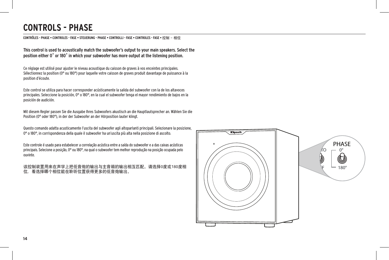 14CONTROLS - PHASECONTR&Ocirc;LES - PHASE &bull; CONTROLES - FASE &bull; STEUERUNG - PHASE &bull; CONTROLLI - FASE &bull; CONTROLES - FASE &bull; 控制 - 相位40Hz80HzMIN 11GAINON0&deg;180&deg;AUTOOFFPHASELFE120HzON0&deg;180&deg;AUTOOFFPHASELFE40Hz80Hz 120HzAUTOLOW PASS(Hz)This control is used to acoustically match the subwoofer&rsquo;s output to your main speakers. Select the position either 0˚ or 180˚ in which your subwoofer has more output at the listening position.Ce r&eacute;glage est utilis&eacute; pour ajuster le niveau acoustique du caisson de graves &agrave; vos enceintes principales. S&eacute;lectionnez la position (0&deg; ou 180&deg;) pour laquelle votre caisson de graves produit davantage de puissance &agrave; la position d&rsquo;&eacute;coute.Este control se utiliza para hacer corresponder ac&uacute;sticamente la salida del subwoofer con la de los altavoces principales. Seleccione la posici&oacute;n, 0&deg; o 180&deg;, en la cual el subwoofer tenga el mayor rendimiento de bajos en la posici&oacute;n de audici&oacute;n.Mit diesem Regler passen Sie die Ausgabe Ihres Subwoofers akustisch an die Hauptlautsprecher an. W&auml;hlen Sie die Position (0&deg; oder 180&deg;), in der der Subwoofer an der H&ouml;rposition lauter klingt.Questo comando adatta acusticamente l&rsquo;uscita del subwoofer agli altoparlanti principali. Selezionare la posizione, 0&deg; o 180&deg;, in corrispondenza della quale il subwoofer ha un&rsquo;uscita pi&ugrave; alta nella posizione di ascolto.Este controle &eacute; usado para estabelecer a correla&ccedil;&atilde;o ac&uacute;stica entre a sa&iacute;da do subwoofer e a das caixas ac&uacute;sticas principais. Selecione a posi&ccedil;&atilde;o, 0&deg; ou 180&deg;, na qual o subwoofer tem melhor reprodu&ccedil;&atilde;o na posi&ccedil;&atilde;o ocupada pelo ouvinte.该控制装置用来在声学上把低音炮的输出与主音箱的输出相互匹配。请选择0度或180度相位，看选择哪个相位能在聆听位置获得更多的低音炮输出。