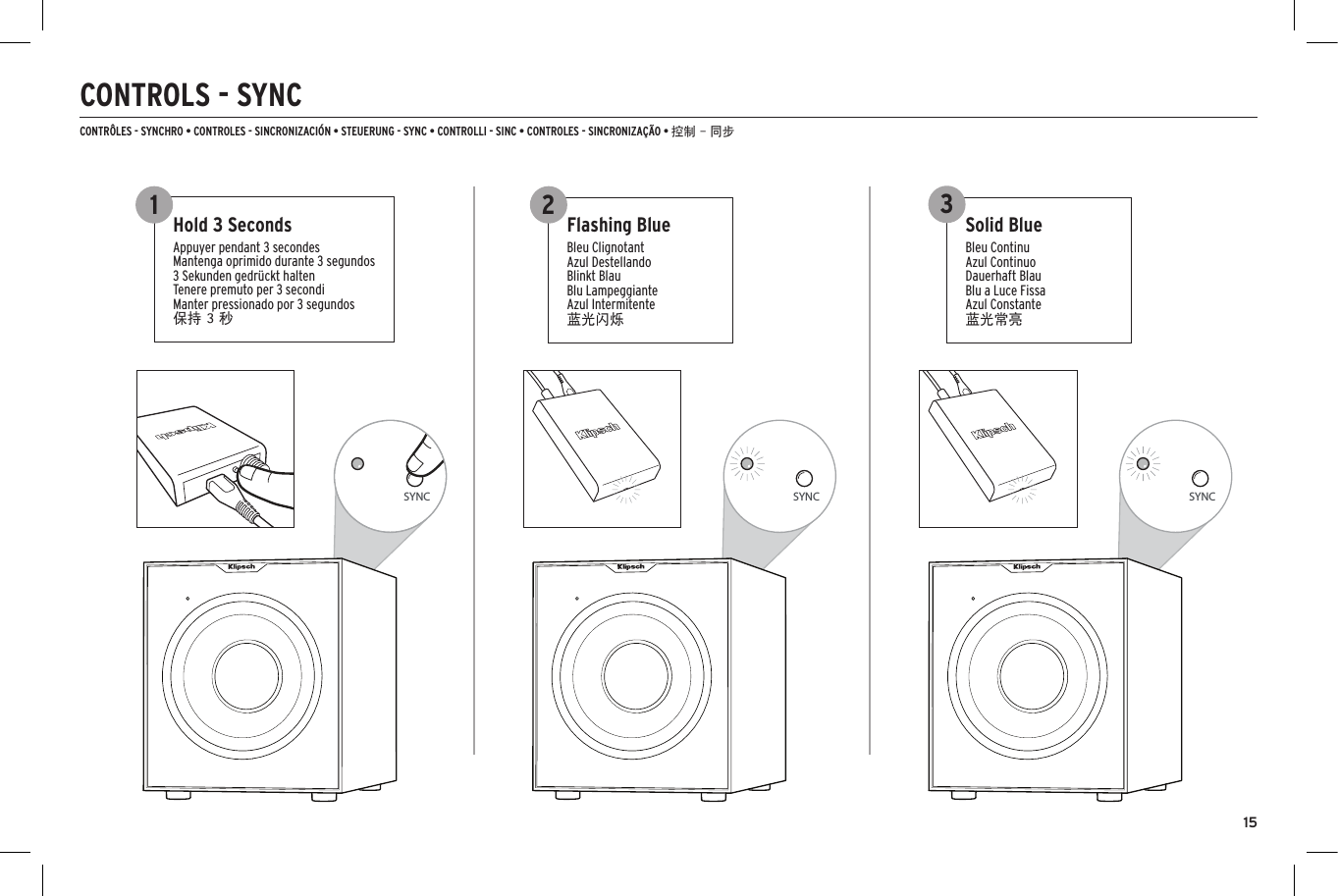 15Flashing BlueBleu ClignotantAzul DestellandoBlinkt BlauBlu LampeggianteAzul Intermitente蓝光闪烁CONTROLS - SYNCCONTR&Ocirc;LES - SYNCHRO &bull; CONTROLES - SINCRONIZACI&Oacute;N &bull; STEUERUNG - SYNC &bull; CONTROLLI - SINC &bull; CONTROLES - SINCRONIZA&Ccedil;&Atilde;O &bull; 控制 - 同步SYNCSYNC SYNCSYNCSYNCSYNCHold 3 SecondsAppuyer pendant 3 secondesMantenga oprimido durante 3 segundos3 Sekunden gedr&uuml;ckt haltenTenere premuto per 3 secondiManter pressionado por 3 segundos保持 3 秒1 2 Solid BlueBleu ContinuAzul ContinuoDauerhaft BlauBlu a Luce FissaAzul Constante蓝光常亮3