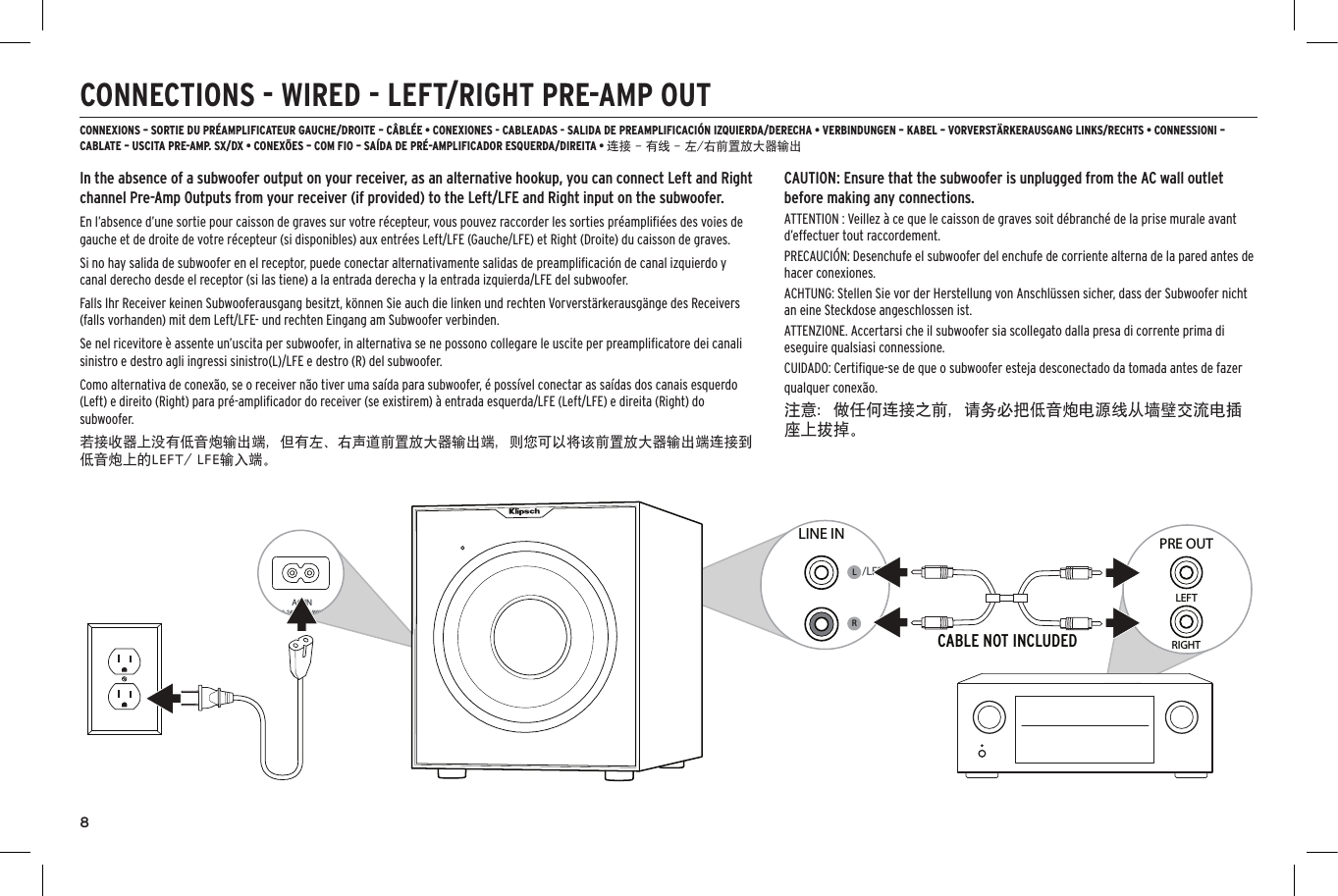 8CONNECTIONS - WIRED - LEFT/RIGHT PRE-AMP OUTCONNEXIONS &ndash; SORTIE DU PR&Eacute;AMPLIFICATEUR GAUCHE/DROITE &ndash; C&Acirc;BL&Eacute;E &bull; CONEXIONES - CABLEADAS - SALIDA DE PREAMPLIFICACI&Oacute;N IZQUIERDA/DERECHA &bull; VERBINDUNGEN &ndash; KABEL &ndash; VORVERST&Auml;RKERAUSGANG LINKS/RECHTS &bull; CONNESSIONI &ndash; CABLATE &ndash; USCITA PRE-AMP. SX/DX &bull; CONEX&Otilde;ES &ndash; COM FIO &ndash; SA&Iacute;DA DE PR&Eacute;-AMPLIFICADOR ESQUERDA/DIREITA &bull; 连接 - 有线 - 左/右前置放大器输出100-240V ~ 50/60Hz2AAC INLFELINE OUT100-240V ~ 50/60Hz2AAC INLFELINE OUT/LFELINE INRL100-240V ~ 50/60Hz2AAC IN/LFELINE INRLCABLE NOT INCLUDEDCABLE NOT INCLUDEDLEFTRIGHTPRE OUTIn the absence of a subwoofer output on your receiver, as an alternative hookup, you can connect Left and Right channel Pre-Amp Outputs from your receiver (if provided) to the Left/LFE and Right input on the subwoofer. En l&rsquo;absence d&rsquo;une sortie pour caisson de graves sur votre r&eacute;cepteur, vous pouvez raccorder les sorties pr&eacute;ampliﬁ&eacute;es des voies de gauche et de droite de votre r&eacute;cepteur (si disponibles) aux entr&eacute;es Left/LFE (Gauche/LFE) et Right (Droite) du caisson de graves.Si no hay salida de subwoofer en el receptor, puede conectar alternativamente salidas de preampliﬁcaci&oacute;n de canal izquierdo y canal derecho desde el receptor (si las tiene) a la entrada derecha y la entrada izquierda/LFE del subwoofer.Falls Ihr Receiver keinen Subwooferausgang besitzt, k&ouml;nnen Sie auch die linken und rechten Vorverst&auml;rkerausg&auml;nge des Receivers (falls vorhanden) mit dem Left/LFE- und rechten Eingang am Subwoofer verbinden.Se nel ricevitore &egrave; assente un&rsquo;uscita per subwoofer, in alternativa se ne possono collegare le uscite per preampliﬁcatore dei canali sinistro e destro agli ingressi sinistro(L)/LFE e destro (R) del subwoofer.Como alternativa de conex&atilde;o, se o receiver n&atilde;o tiver uma sa&iacute;da para subwoofer, &eacute; poss&iacute;vel conectar as sa&iacute;das dos canais esquerdo (Left) e direito (Right) para pr&eacute;-ampliﬁcador do receiver (se existirem) &agrave; entrada esquerda/LFE (Left/LFE) e direita (Right) do subwoofer.若接收器上没有低音炮输出端，但有左、右声道前置放大器输出端，则您可以将该前置放大器输出端连接到低音炮上的LEFT/ LFE输入端。CAUTION: Ensure that the subwoofer is unplugged from the AC wall outlet before making any connections. ATTENTION : Veillez &agrave; ce que le caisson de graves soit d&eacute;branch&eacute; de la prise murale avant d&rsquo;effectuer tout raccordement.PRECAUCI&Oacute;N: Desenchufe el subwoofer del enchufe de corriente alterna de la pared antes de hacer conexiones.ACHTUNG: Stellen Sie vor der Herstellung von Anschl&uuml;ssen sicher, dass der Subwoofer nicht an eine Steckdose angeschlossen ist. ATTENZIONE. Accertarsi che il subwoofer sia scollegato dalla presa di corrente prima di eseguire qualsiasi connessione.CUIDADO: Certiﬁque-se de que o subwoofer esteja desconectado da tomada antes de fazer qualquer conex&atilde;o.注意：做任何连接之前，请务必把低音炮电源线从墙壁交流电插座上拔掉。