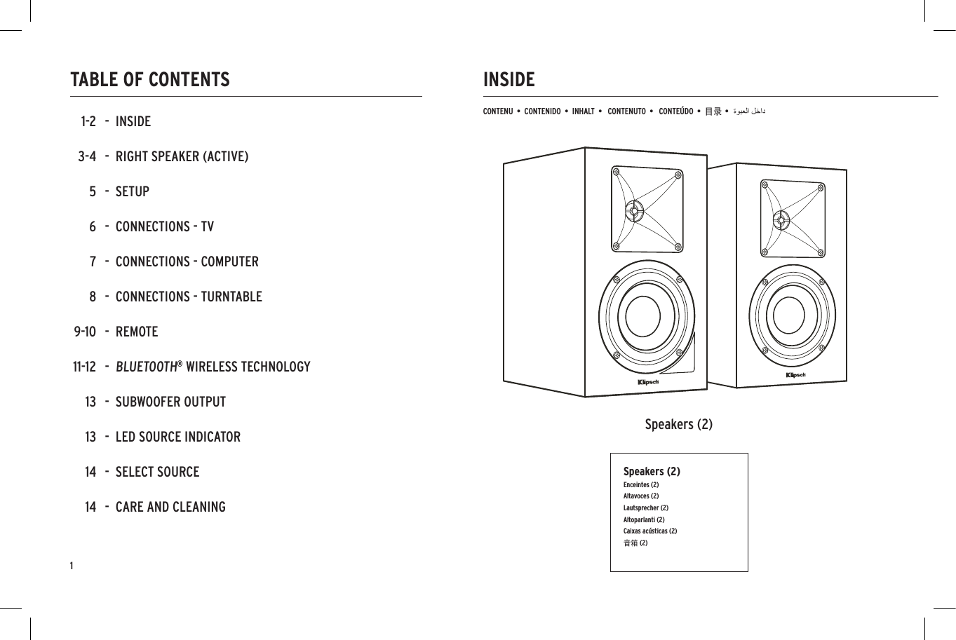 LEDUSBPHONO OPTAUXSUBSUBSUBINSIDETABLE OF CONTENTSCONTENU  &bull;  CONTENIDO  &bull;  INHALT  &bull;   CONTENUTO  &bull;   CONTE&Uacute;DO  &bull;  目录 &bull;Speakers (2)-  INSIDE-  RIGHT SPEAKER (ACTIVE)-  SETUP-  CONNECTIONS - TV-  CONNECTIONS - COMPUTER-  CONNECTIONS - TURNTABLE-  REMOTE-  BLUETOOTH&reg; WIRELESS TECHNOLOGY-  SUBWOOFER OUTPUT-  LED SOURCE INDICATOR-  SELECT SOURCE-  CARE AND CLEANING1-23-456789-1011-1213131414Speakers (2)Enceintes (2)Altavoces (2)Lautsprecher (2)Altoparlanti (2)Caixas ac&uacute;sticas (2)音箱 (2)1