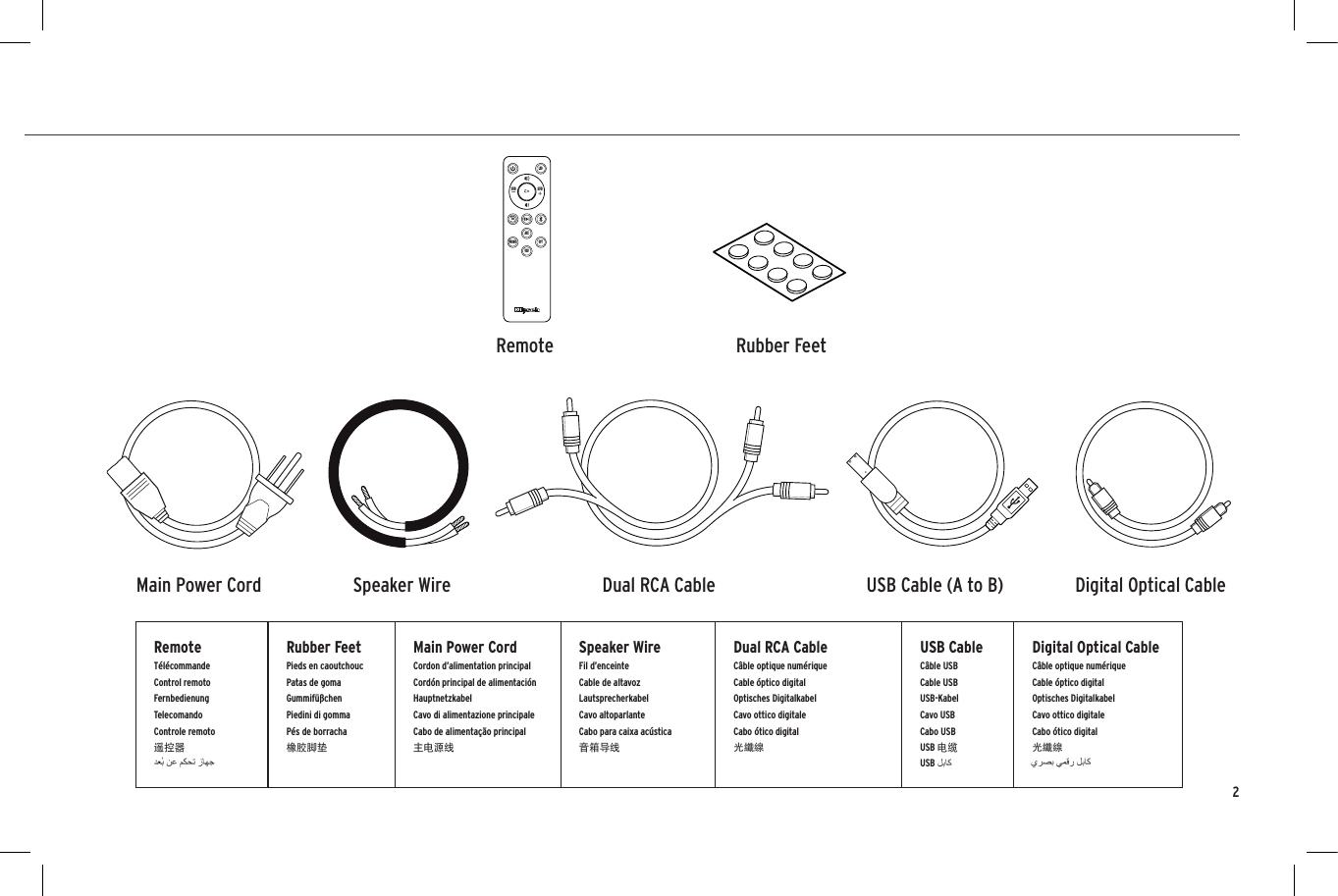 INSIDECONTENU  &bull;  CONTENIDO  &bull;  INHALT  &bull;   CONTENUTO  &bull;   CONTE&Uacute;DO  &bull;  目录 &bull;Dual RCA CableSpeaker WireMain Power Cord USB Cable (A to B) Digital Optical CableRemote Rubber FeetLEDUSBPHONO OPTAUXSUBSUBSUBRemoteT&eacute;l&eacute;commandeControl remoto FernbedienungTelecomandoControle remoto遥控器Rubber FeetPieds en caoutchoucPatas de gomaGummif&uuml;&szlig;chenPiedini di gommaP&eacute;s de borracha橡胶脚垫Main Power CordCordon d&rsquo;alimentation principalCord&oacute;n principal de alimentaci&oacute;n HauptnetzkabelCavo di alimentazione principaleCabo de alimenta&ccedil;&atilde;o principal主电源线Speaker WireFil d&rsquo;enceinteCable de altavoz LautsprecherkabelCavo altoparlanteCabo para caixa ac&uacute;stica音箱导线Dual RCA CableC&acirc;ble optique num&eacute;rique Cable &oacute;ptico digitalOptisches Digitalkabel  Cavo ottico digitale Cabo &oacute;tico digital 光纖線USB CableC&acirc;ble USBCable USB USB-KabelCavo USBCabo USBUSB 电缆Digital Optical CableC&acirc;ble optique num&eacute;rique Cable &oacute;ptico digitalOptisches Digitalkabel  Cavo ottico digitale Cabo &oacute;tico digital 光纖線2 USB