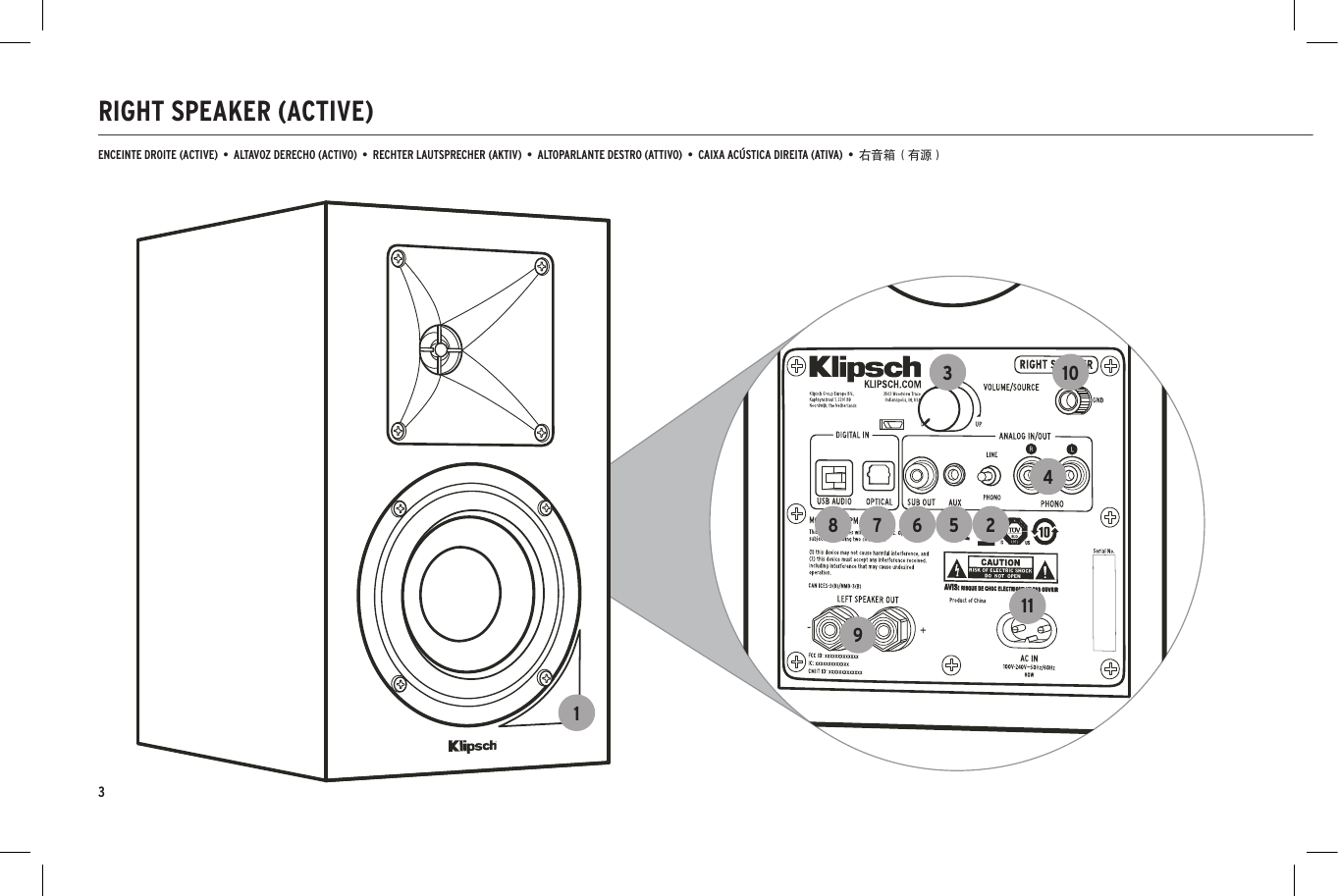 RIGHT SPEAKER (ACTIVE)ENCEINTE DROITE (ACTIVE)  &bull;  ALTAVOZ DERECHO (ACTIVO)  &bull;  RECHTER LAUTSPRECHER (AKTIV)  &bull;  ALTOPARLANTE DESTRO (ATTIVO)  &bull;  CAIXA AC&Uacute;STICA DIREITA (ATIVA)  &bull;  右音箱（有源）16 271138495103