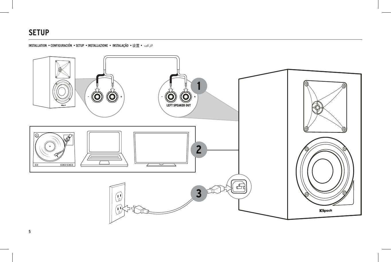 SETUPINSTALLATION  &bull; CONFIGURACI&Oacute;N  &bull; SETUP  &bull; INSTALLAZIONE  &bull;  INSTALA&Ccedil;&Atilde;O  &bull; 设置 &bull;12LEFT SPEAKER OUT+&ndash;+&ndash;35