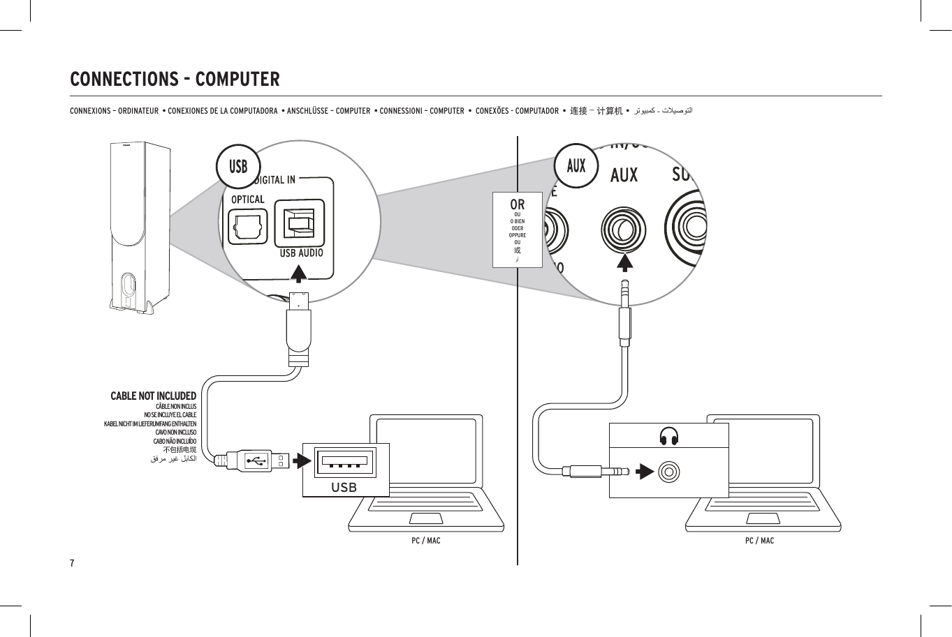 CONNECTIONS - COMPUTERCONNEXIONS &ndash; ORDINATEUR  &bull; CONEXIONES DE LA COMPUTADORA  &bull; ANSCHL&Uuml;SSE &ndash; COMPUTER  &bull; CONNESSIONI &ndash; COMPUTER  &bull;  CONEX&Otilde;ES - COMPUTADOR  &bull;  连接 &ndash; 计算机 &bull;USBRIGHT SPEAKER OUT7CABLE NOT INCLUDEDC&Acirc;BLE NON INCLUSNO SE INCLUYE EL CABLEKABEL NICHT IM LIEFERUMFANG ENTHALTENCAVO NON INCLUSOCABO N&Atilde;O INCLU&Iacute;DO不包括电缆PC / MAC PC / MACOROUO BIENODEROPPUREOU或