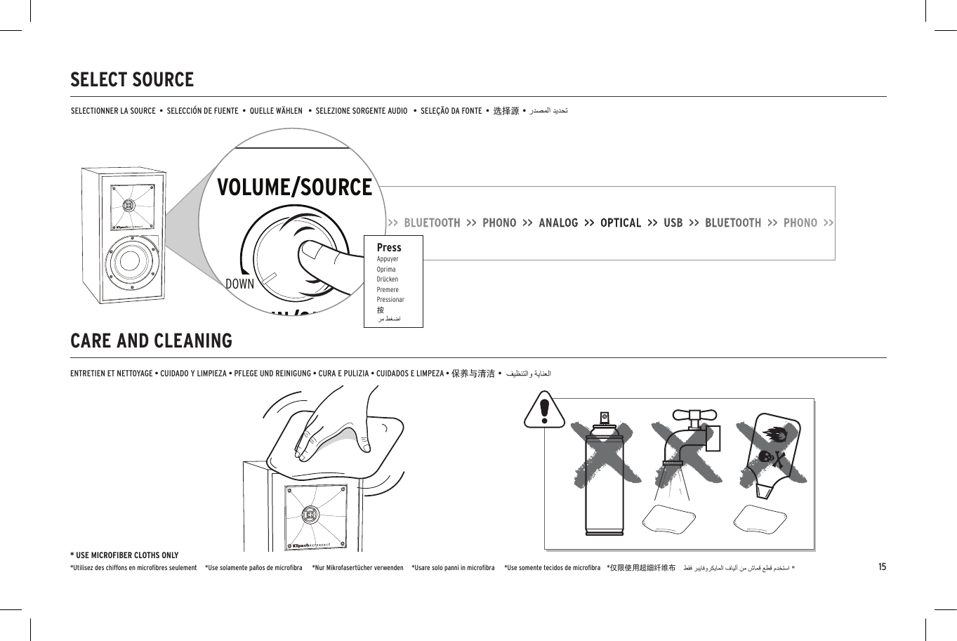 15SELECT SOURCECARE AND CLEANINGENTRETIEN ET NETTOYAGE &bull; CUIDADO Y LIMPIEZA &bull; PFLEGE UND REINIGUNG &bull; CURA E PULIZIA &bull; CUIDADOS E LIMPEZA &bull; 保养与清洁 &bull;SELECTIONNER LA SOURCE  &bull;  SELECCI&Oacute;N DE FUENTE  &bull;  QUELLE W&Auml;HLEN   &bull;  SELEZIONE SORGENTE AUDIO   &bull;  SELE&Ccedil;&Atilde;O DA FONTE  &bull;  选择源 &bull;DIGITAL INANALOG IN/OUTVOLUME/SOURCEOPTICALSUB OUTAUX INAUX 1 INAUX 1 LEVELPHONO LINERLUPDOWNUSB AUDIO* USE MICROFIBER CLOTHS ONLY*Utilisez des chiffons en microﬁbres seulement     *Use solamente pa&ntilde;os de microﬁbra      *Nur Mikrofasert&uuml;cher verwenden     *Usare solo panni in microﬁbra      *Use somente tecidos de microﬁbra    *仅限使用超细纤维布PressAppuyerOprimaDr&uuml;ckenPremerePressionar按