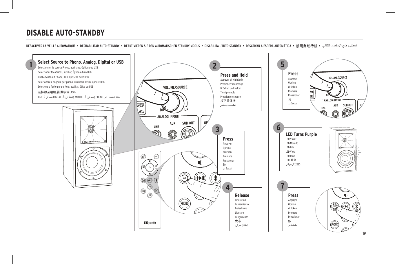 19LEDUSBPHONO OPTAUXSUBSUBSUBLEDUSBPHONO OPTAUXSUBSUBSUBLEDUSBPHONO OPTAUXSUBSUBSUBReleaseLib&eacute;rationLanzamientoFreisetzungLiberareLan&ccedil;amento发布Press and HoldAppuyer et MaintenirPresione y mantengaDr&uuml;cken und haltenTieni premutoPressione e segure按下并保持DISABLE AUTO-STANDBYD&Eacute;SACTIVER LA VEILLE AUTOMATIQUE  &bull;  DESHABILITAR AUTO-STANDBY  &bull;  DEAKTIVIEREN SIE DEN AUTOMATISCHEN STANDBY-MODUS  &bull;  DISABILITA L&rsquo;AUTO-STANDBY  &bull;  DESATIVAR A ESPERA AUTOM&Aacute;TICA  &bull;  禁用自动待机 &bull;42LED Turns PurpleLED VioletLED MoradoLED LilaLED ViolaLED RoxoLED 紫色6LEDSelect Source to Phono, Analog, Digital or USBS&eacute;lectionner la source Phono, auxiliaire, Optique ou USBSeleccionar tocadiscos, auxiliar, &Oacute;ptica o bien USBQuellenwahl auf Phone, AUX, Optische oder USBSelezionare il segnale per phono, ausiliaria, Ottica oppure USBSelecione a fonte para o fono, auxiliar, &Oacute;tica ou USB选择源至唱机,辅,数字或USBUSBDIGITALANALOGPHONO1PressAppuyerOprimadr&uuml;ckenPremerePressionar按3PressAppuyerOprimadr&uuml;ckenPremerePressionar按7PressAppuyerOprimadr&uuml;ckenPremerePressionar按5