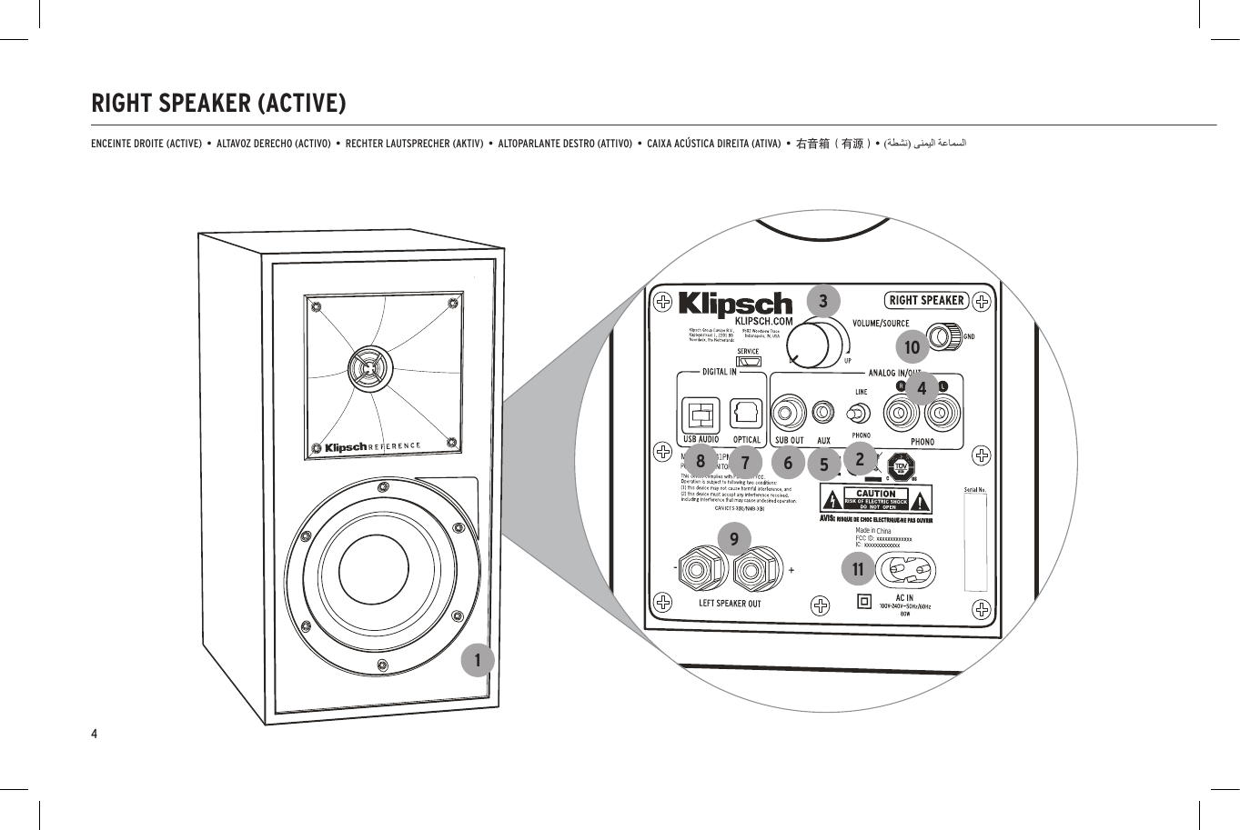 4RIGHT SPEAKER (ACTIVE)ENCEINTE DROITE (ACTIVE)  &bull;  ALTAVOZ DERECHO (ACTIVO)  &bull;  RECHTER LAUTSPRECHER (AKTIV)  &bull;  ALTOPARLANTE DESTRO (ATTIVO)  &bull;  CAIXA AC&Uacute;STICA DIREITA (ATIVA)  &bull;  右音箱（有源）&bull;Made in China1627113849510
