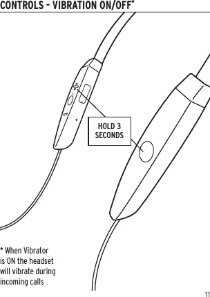 11CONTROLS - VIBRATION ON/OFF*HOLD 3 SECONDS* When Vibrator is ON the headset will vibrate during incoming calls