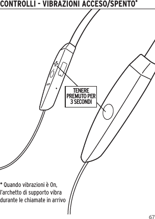 67CONTROLLI - VIBRAZIONI ACCESO/SPENTO*TENEREPREMUTO PER3 SECONDI* Quando vibrazioni &egrave; On, l&rsquo;archetto di supporto vibra durante le chiamate in arrivo