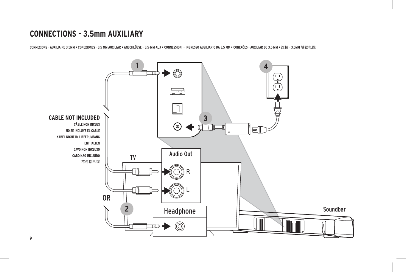 9CONNECTIONS - 3.5mm AUXILIARYSoundbarTVOpticalDigital Audio OutHDMI-ARCHDMI 1HDMI OUT/TVHDMI 2HDMI 31234SoundbarTV412SoundbarTV2HeadphoneAudio OutRL1OR34356CABLE NOT INCLUDEDC&Acirc;BLE NON INCLUSNO SE INCLUYE EL CABLEKABEL NICHT IM LIEFERUMFANG ENTHALTENCAVO NON INCLUSOCABO N&Atilde;O INCLU&Iacute;DO不包括电缆CONNEXIONS - AUXILIAIRE 3,5MM &bull; CONEXIONES - 3.5 MM AUXILIAR &bull; ANSCHL&Uuml;SSE &ndash; 3,5-MM-AUX &bull; CONNESSIONI &ndash; INGRESSO AUSILIARIO DA 3,5 MM &bull; CONEX&Otilde;ES - AUXILIAR DE 3,5 MM &bull; 连接 - 3.5MM 辅助电缆