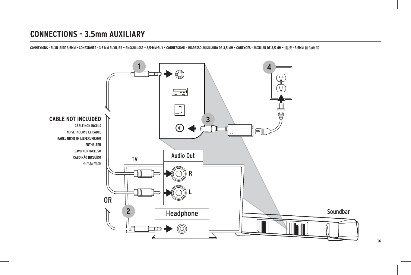 14CONNECTIONS - 3.5mm AUXILIARYSoundbarTVOpticalDigital Audio OutHDMI-ARCHDMI 1HDMI OUT/TVHDMI 2HDMI 31234SoundbarTV412SoundbarTV2HeadphoneAudio OutRL1OR34356CABLE NOT INCLUDEDC&Acirc;BLE NON INCLUSNO SE INCLUYE EL CABLEKABEL NICHT IM LIEFERUMFANG ENTHALTENCAVO NON INCLUSOCABO N&Atilde;O INCLU&Iacute;DO不包括电缆CONNEXIONS - AUXILIAIRE 3,5MM &bull; CONEXIONES - 3.5 MM AUXILIAR &bull; ANSCHL&Uuml;SSE &ndash; 3,5-MM-AUX &bull; CONNESSIONI &ndash; INGRESSO AUSILIARIO DA 3,5 MM &bull; CONEX&Otilde;ES - AUXILIAR DE 3,5 MM &bull; 连接 - 3.5MM 辅助电缆