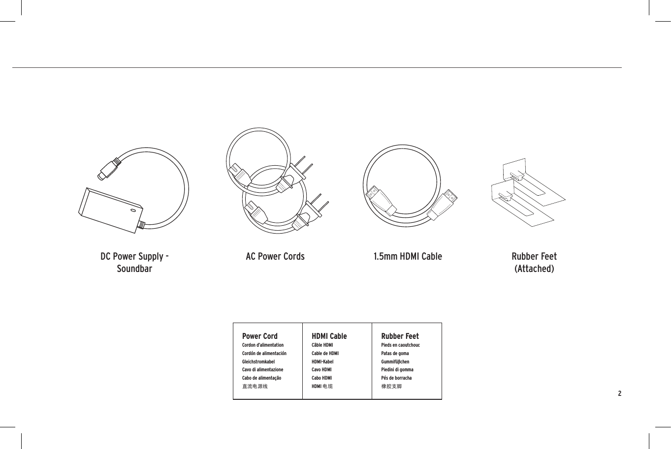 2NIGHTDIALOGSUBHDMILEDTVDIGITALANALOG123NIGHTDIALOGSUBHDMILEDTVDIGITALANALOG123NIGHTDIALOGSUBHDMILEDTVDIGITALANALOG123NIGHTDIALOGSUBHDMILEDTVDIGITALANALOG123INSIDECONTENU &bull; CONTENIDO &bull; INHALT &bull; CONTENUTO &bull; CONTE&Uacute;DO &bull; 目录Power CordCordon d&rsquo;alimentationCord&oacute;n de alimentaci&oacute;nGleichstromkabelCavo di alimentazioneCabo de alimenta&ccedil;&atilde;o直流电源线HDMI CableC&acirc;ble HDMICable de HDMIHDMI-KabelCavo HDMICabo HDMIHDMI 电缆Rubber FeetPieds en caoutchoucPatas de gomaGummif&uuml;&szlig;chenPiedini di gommaP&eacute;s de borracha橡胶支脚AC Power Cords 1.5mm HDMI Cable Rubber Feet(Attached)DC Power Supply -SoundbarWall-Mount Template