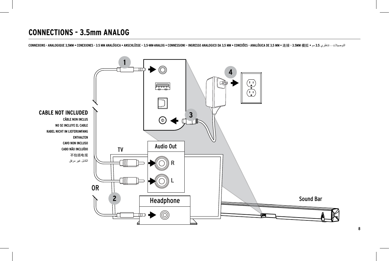 8CONNECTIONS - 3.5mm ANALOGSound BarTVOpticalDigital Audio OutHDMI-ARCHDMI OUT/TVHDMI123456Sound BarTV3412Sound BarTV342HeadphoneAudio OutRL1ORCABLE NOT INCLUDEDC&Acirc;BLE NON INCLUSNO SE INCLUYE EL CABLEKABEL NICHT IM LIEFERUMFANG ENTHALTENCAVO NON INCLUSOCABO N&Atilde;O INCLU&Iacute;DO不包括电缆CONNEXIONS - ANALOGIQUE 3,5MM &bull; CONEXIONES - 3.5 MM ANAL&Oacute;GICA &bull; ANSCHL&Uuml;SSE &ndash; 3,5-MM-ANALOG &bull; CONNESSIONI &ndash; INGRESSO ANALOGICO DA 3,5 MM &bull; CONEX&Otilde;ES - ANAL&Oacute;GICA DE 3,5 MM &bull; 连接 - 3.5MM 模拟 &bull;3.5