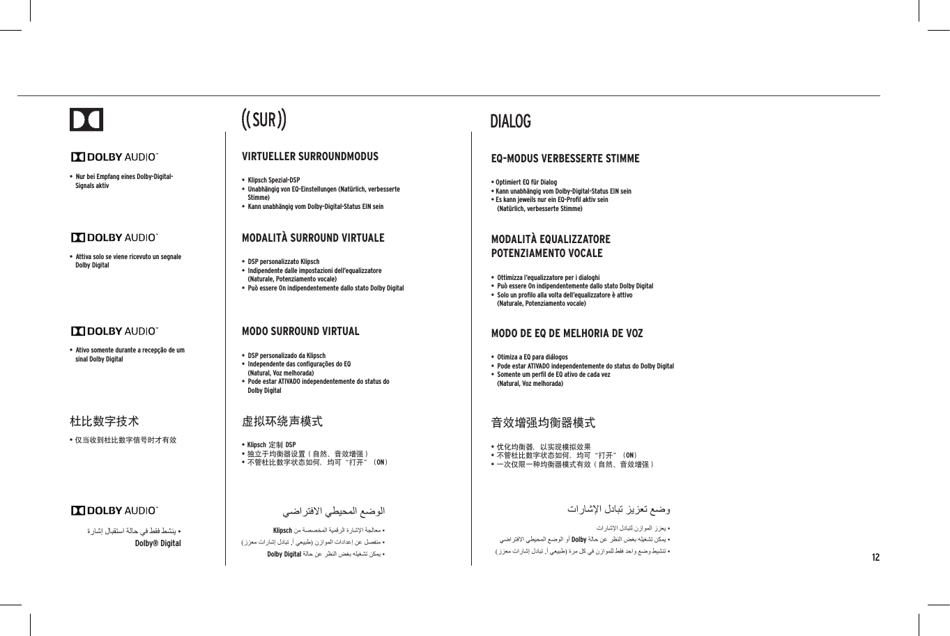 12&bull;  Ativo somente durante a recep&ccedil;&atilde;o de um sinal Dolby Digital&bull;  Attiva solo se viene ricevuto un segnale Dolby Digital  &bull;  Nur bei Empfang eines Dolby-Digital-Signals aktiv杜比数字技术&bull; 仅当收到杜比数字信号时才有效MODO SURROUND VIRTUAL&bull;  DSP personalizado da Klipsch&bull;  Independente das conﬁgura&ccedil;&otilde;es do EQ  (Natural, Voz melhorada)&bull;  Pode estar ATIVADO independentemente do status do  Dolby DigitalMODALIT&Agrave; SURROUND VIRTUALE&bull;  DSP personalizzato Klipsch&bull;  Indipendente dalle impostazioni dell&rsquo;equalizzatore  (Naturale, Potenziamento vocale)&bull;  Pu&ograve; essere On indipendentemente dallo stato Dolby Digital VIRTUELLER SURROUNDMODUS&bull;  Klipsch Spezial-DSP&bull;  Unabh&auml;ngig von EQ-Einstellungen (Nat&uuml;rlich, verbesserte Stimme)&bull;  Kann unabh&auml;ngig vom Dolby-Digital-Status EIN sein虚拟环绕声模式&bull; Klipsch 定制 DSP&bull; 独立于均衡器设置（自然、音效增强）&bull; 不管杜比数字状态如何，均可&ldquo;打开&rdquo; (ON)MODO DE EQ DE MELHORIA DE VOZ&bull;  Otimiza a EQ para di&aacute;logos&bull;  Pode estar ATIVADO independentemente do status do Dolby Digital&bull;  Somente um perﬁl de EQ ativo de cada vez  (Natural, Voz melhorada)MODALIT&Agrave; EQUALIZZATORE  POTENZIAMENTO VOCALE&bull;  Ottimizza l&rsquo;equalizzatore per i dialoghi&bull;  Pu&ograve; essere On indipendentemente dallo stato Dolby Digital &bull;  Solo un proﬁlo alla volta dell&rsquo;equalizzatore &egrave; attivo  (Naturale, Potenziamento vocale)EQ-MODUS VERBESSERTE STIMME&bull; Optimiert EQ f&uuml;r Dialog&bull; Kann unabh&auml;ngig vom Dolby-Digital-Status EIN sein&bull; Es kann jeweils nur ein EQ-Proﬁl aktiv sein  (Nat&uuml;rlich, verbesserte Stimme)音效增强均衡器模式&bull; 优化均衡器，以实现模拟效果&bull; 不管杜比数字状态如何，均可&ldquo;打开&rdquo; (ON)&bull; 一次仅限一种均衡器模式有效（自然、音效增强）NIGHTDIALOGLEDTVDIGITALANALOGHDMI123NIGHTDIALOGHDMILEDTVDIGITALANALOG123SUBSUBDolby&reg; DigitalKlipschDolby DigitalDolby