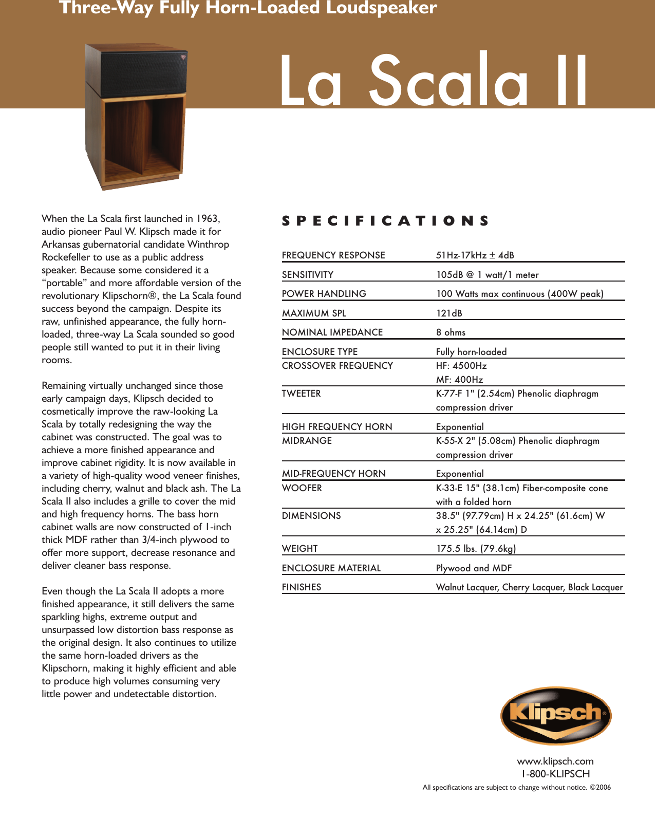 Αποτέλεσμα εικόνας για KLIPSCH LA SCALA II SPECS