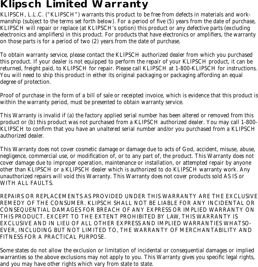 Page 5 of 12 - Klipsch Klipsch-Speaker-Sb-2-Users-Manual-  Klipsch-speaker-sb-2-users-manual