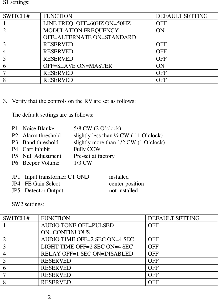 2S1 settings:SWITCH # FUNCTION DEFAULT SETTING1 LINE FREQ. OFF=60HZ ON=50HZ OFF2 MODULATION FREQUENCYOFF=ALTERNATE ON=STANDARD ON3 RESERVED OFF4 RESERVED OFF5 RESERVED OFF6 OFF=SLAVE ON=MASTER ON7 RESERVED OFF8 RESERVED OFF3. Verify that the controls on the RV are set as follows:The default settings are as follows:P1   Noise Blanker 5/8 CW (2 O’clock)P2   Alarm threshold slightly less than ½ CW ( 11 O’clock)P3   Band threshold slightly more than 1/2 CW (1 O’clock)P4   Cart Inhibit Fully CCWP5   Null Adjustment Pre-set at factoryP6   Beeper Volume 1/3 CWJP1   Input transformer CT GND installedJP4   FE Gain Select center positionJP5   Detector Output not installedSW2 settings:SWITCH # FUNCTION DEFAULT SETTING1 AUDIO TONE OFF=PULSEDON=CONTINUOUS OFF2 AUDIO TIME OFF=2 SEC ON=4 SEC OFF3 LIGHT TIME OFF=2 SEC ON=4 SEC OFF4 RELAY OFF=1 SEC ON=DISABLED OFF5 RESERVED OFF6 RESERVED OFF7 RESERVED OFF8 RESERVED OFF