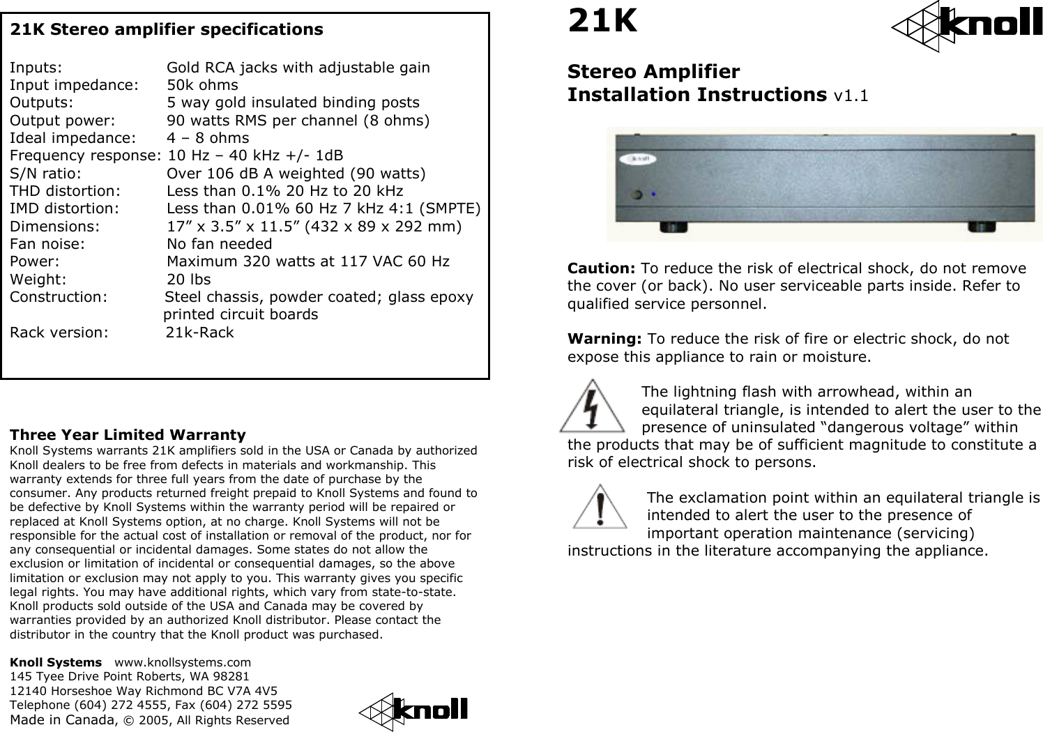 Page 1 of 8 - Knoll Knoll-Knoll-Stereo-Amplifier-21K-Users-Manual 21k Manual