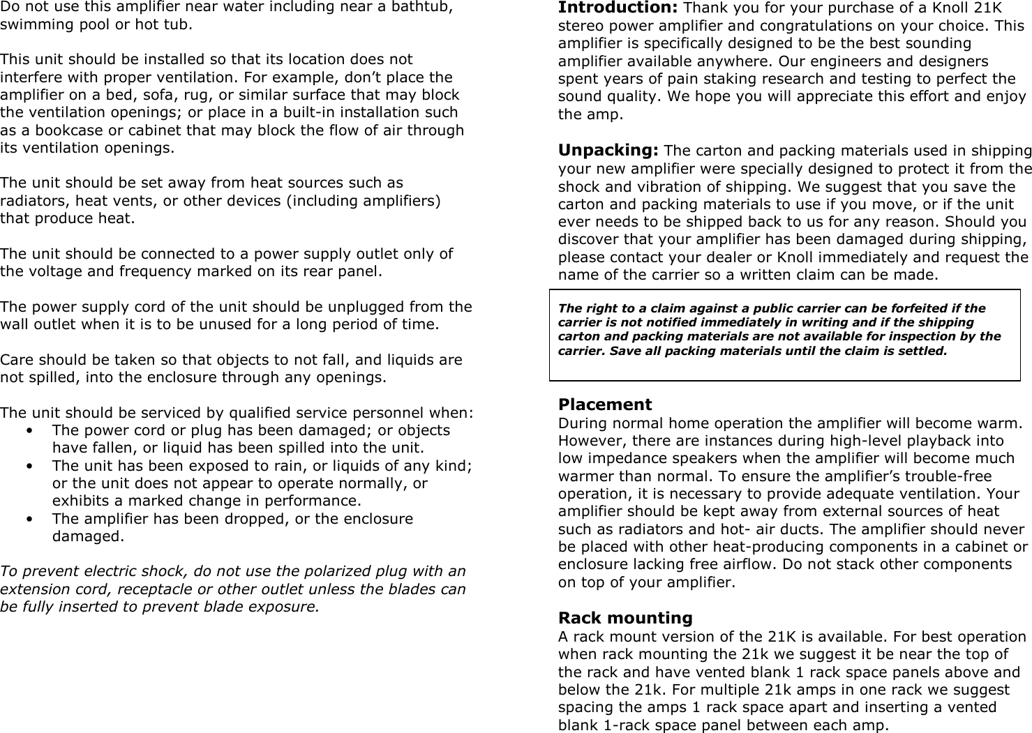 Page 3 of 8 - Knoll Knoll-Knoll-Stereo-Amplifier-21K-Users-Manual 21k Manual