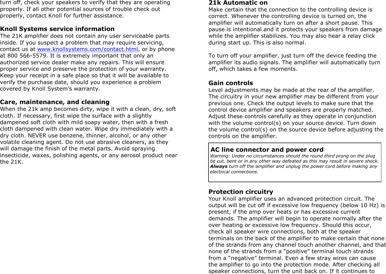 Page 6 of 8 - Knoll Knoll-Knoll-Stereo-Amplifier-21K-Users-Manual 21k Manual