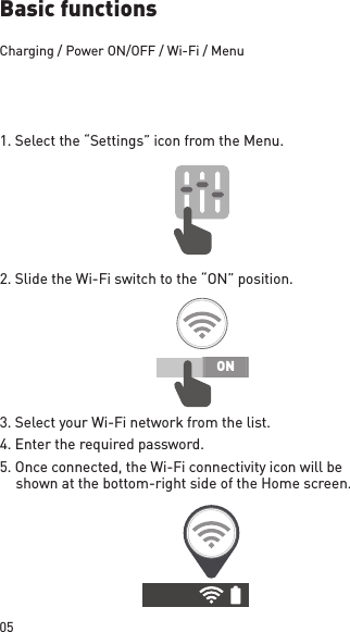 05ONBasic functionsCharging / Power ON/OFF / Wi-Fi / Menu1. Select the “Settings” icon from the Menu.2. Slide the Wi-Fi switch  to the “ON” position.3. Select your Wi-Fi  network from the list.4. Enter the required  password.5. Once connected, the Wi-Fi connectivity icon will be shown at the bottom-right side of the Home screen.