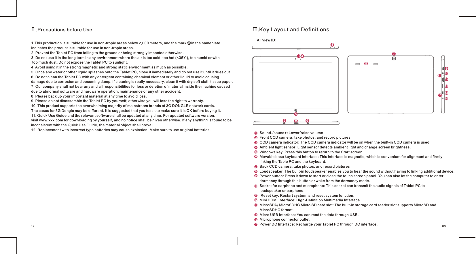 Ⅱ.Key Layout and Definitions                    Ⅰ.Precautions before Use              3566 67891213141610All view ID：141523456789101213141516 030211111.This production is suitable for use in non-tropic areas below 2,000 meters, and the mark     in the nameplate indicates the product is suitable for use in non-tropic areas.2. Prevent the Tablet PC from falling to the ground or being strongly impacted otherwise.3. Do not use it in the long term in any environment where the air is too cold, too hot (&lt;35℃), too humid or with too much dust. Do not expose the Tablet PC to sunlight. 4. Avoid using it in the strong magnetic and strong static environment as much as possible.5. Once any water or other liquid splashes onto the Tablet PC, close it immediately and do not use it until it dries out.6. Do not clean the Tablet PC with any detergent containing chemical element or other liquid to avoid causing damage due to corrosion and becoming damp. If cleaning is really necessary, clean it with dry soft cloth tissue paper.7. Our company shall not bear any and all responsibilities for loss or deletion of material inside the machine caused due to abnormal software and hardware operation, maintenance or any other accident.8. Please back up your important material at any time to avoid loss.9. Please do not disassemble the Tablet PC by yourself; otherwise you will lose the right to warranty.10. This product supports the overwhelming majority of mainstream brands of 3G DONGLE network cards. The cases for 3G Dongle may be different. It is suggested that you test it to make sure it is OK before buying it. 11. Quick Use Guide and the relevant software shall be updated at any time. For updated software version, visit www.xxx.com for downloading by yourself, and no notice shall be given otherwise. If any anything is found to be inconsistent with the Quick Use Guide, the material object shall prevail.12. Replacement with incorrect type batteries may cause explosion. Make sure to use original batteries.1Sound-/sound+: Lower/raise volumeFront CCD camera: take photos, and record picturesCCD camera indicator: The CCD camera indicator will be on when the built-in CCD camera is used. Ambient light sensor: Light sensor detects ambient light and change screen brightness. Windows key: Press this button to return to the Start screen.Movable base keyboard interface: This interface is magnetic, which is convenient for alignment and firmly linking the Table PC and the keyboard.   Back CCD camera: take photos, and record picturesLoudspeaker: The built-in loudspeaker enables you to hear the sound without having to linking additional device.  Power button: Press it down to start or close the touch screen panel. You can also let the computer to enter dormancy through this button or wake from the dormancy mode.Socket for earphone and microphone: This socket can transmit the audio signals of Tablet PC to loudspeaker or earphone.   Reset key: Restart system, and reset system function. Mini HDMI Interface: High-Definition Multimedia InterfaceMicroSD与 MicroSDHC Micro SD card slot: The built-in storage card reader slot supports MicroSD and MicroSDHC format.Micro USB Interface: You can read the data through USB.Microphone connector outletPower DC Interface: Recharge your Tablet PC through DC interface. 