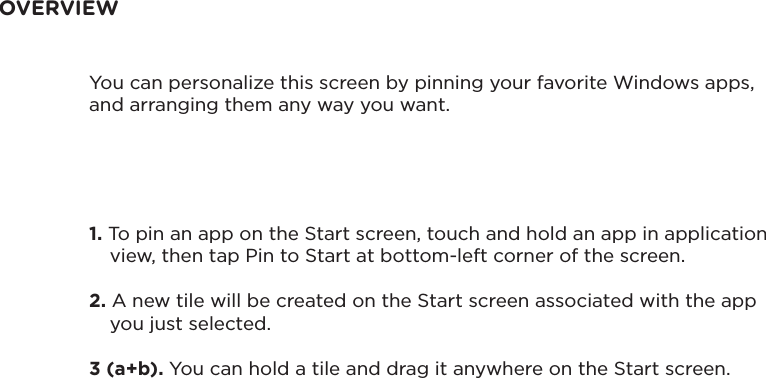 OVERVIEW1. To pin an app on the Start screen, touch and hold an app in application view, then tap Pin to Start at bottom-left corner of the screen.2. A new tile will be created on the Start screen associated with the app you just selected.3 (a+b). You can hold a tile and drag it anywhere on the Start screen.You can personalize this screen by pinning your favorite Windows apps, and arranging them any way you want.