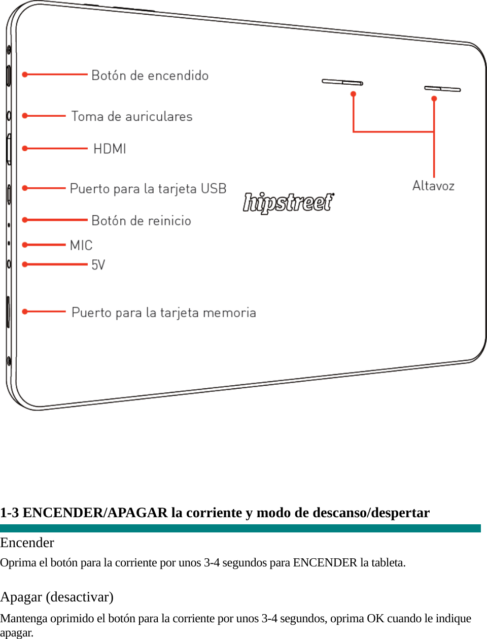        1-3 ENCENDER/APAGAR la corriente y modo de descanso/despertar  Encender Oprima el botón para la corriente por unos 3-4 segundos para ENCENDER la tableta.  Apagar (desactivar)  Mantenga oprimido el botón para la corriente por unos 3-4 segundos, oprima OK cuando le indique apagar.   