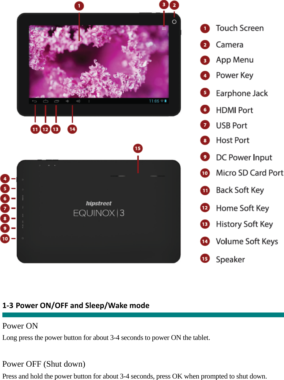      1‐3 PowerON/OFFandSleep/Wakemode  Power ON Long press the power button for about 3-4 seconds to power ON the tablet.     Power OFF (Shut down)  Press and hold the power button for about 3-4 seconds, press OK when prompted to shut down.   